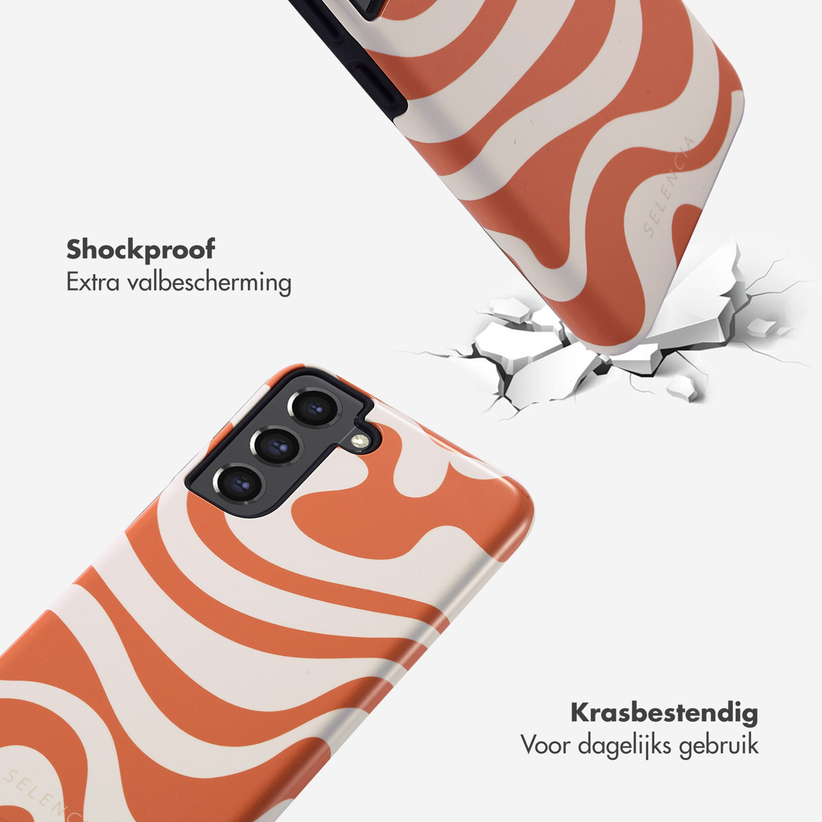 Custodia per telefono con motivo arancione e bianco. Custodia che cade e crepe da impatto su sfondo bianco.
