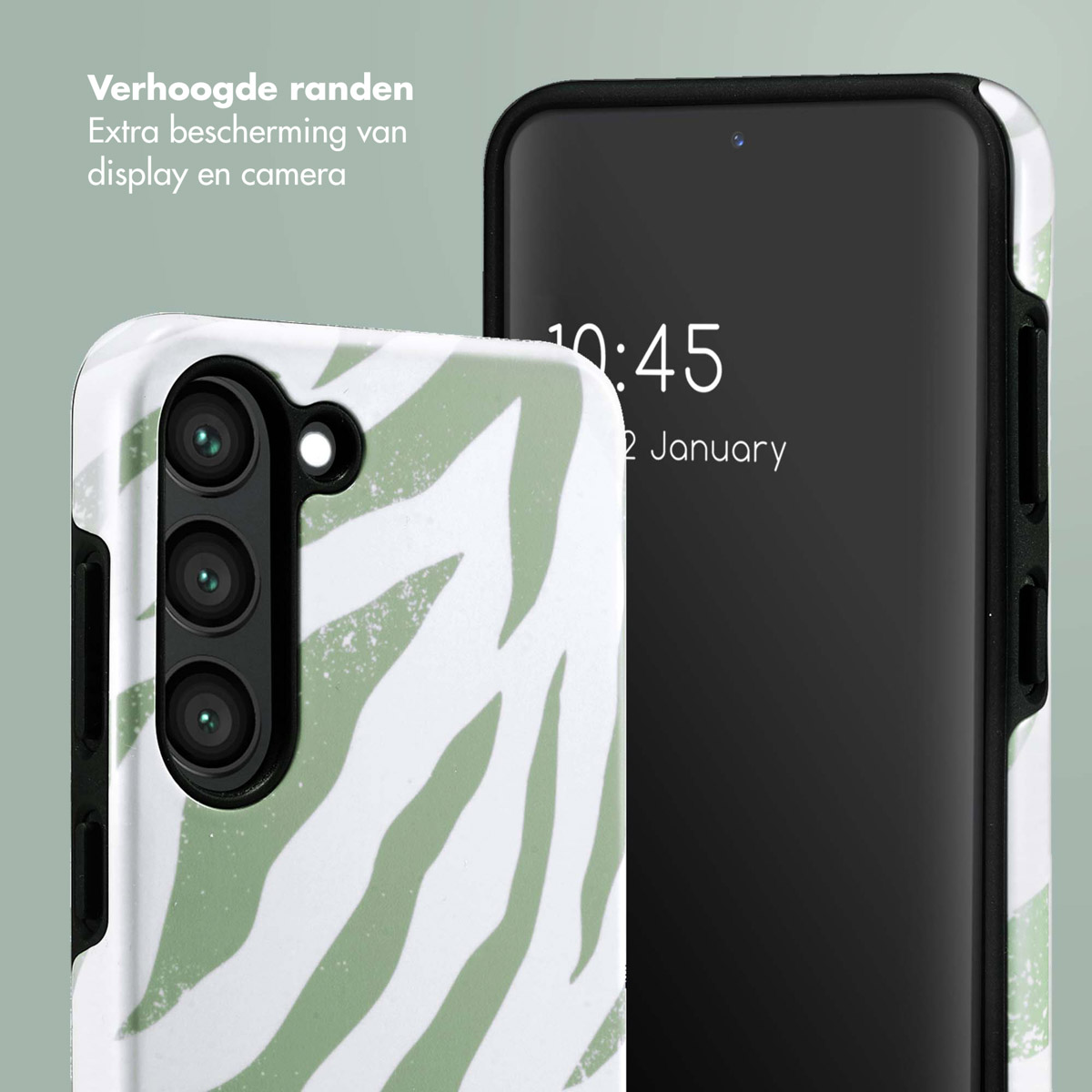 Téléphone avec coque à imprimé zébré vert. Affiche l'heure et la date. Bords surélevés pour protection.