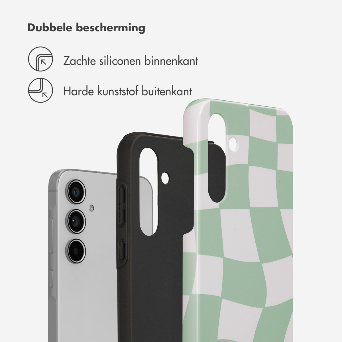 Groen en wit geruite telefoonhoes, zwarte telefoon en zwarte hoes op witte achtergrond.