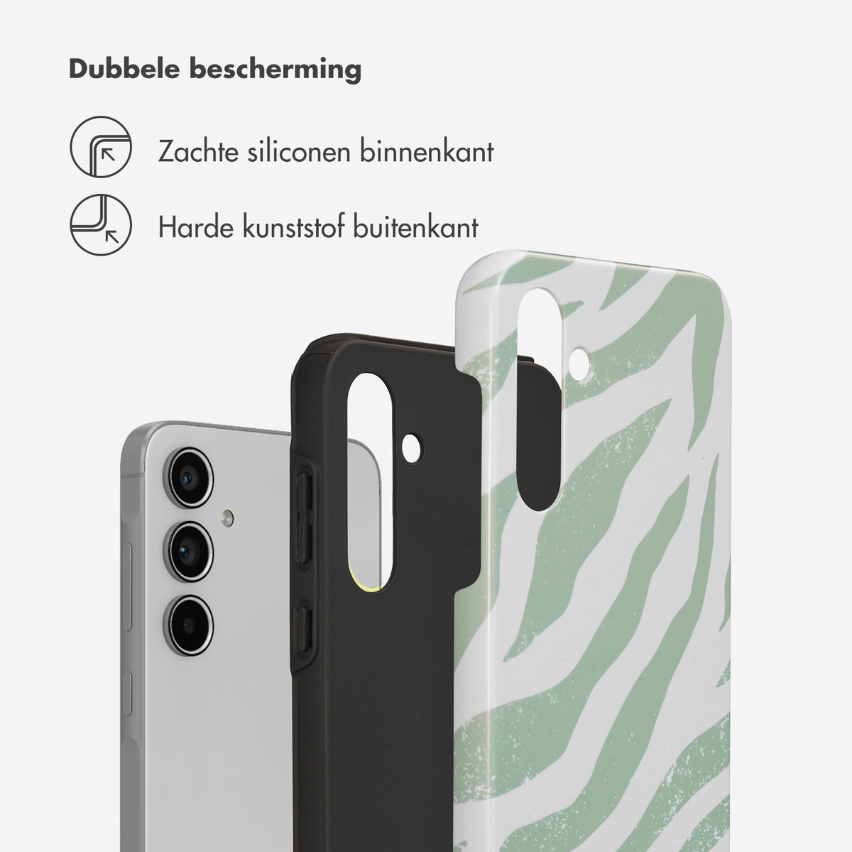 Telefoonhoesje met dubbele bescherming. Voorzien van zacht siliconen binnenkant en hard plastic buitenkant. Zebra ontwerp.