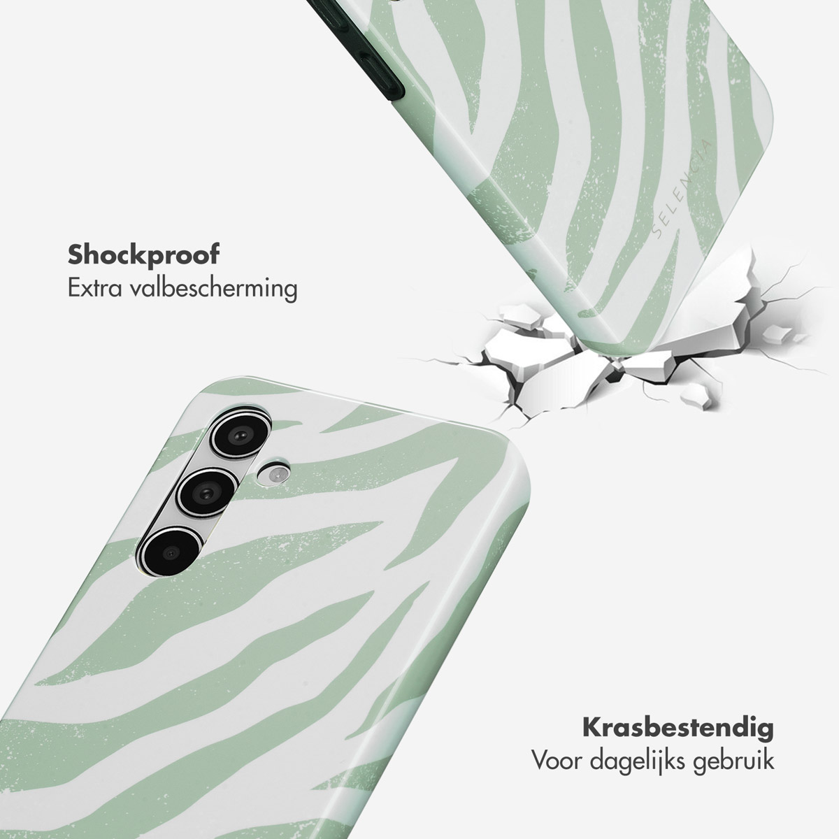 Groene en witte zebraprint telefoonhoes, gebarsten. Telefoonhoesje breekt af.