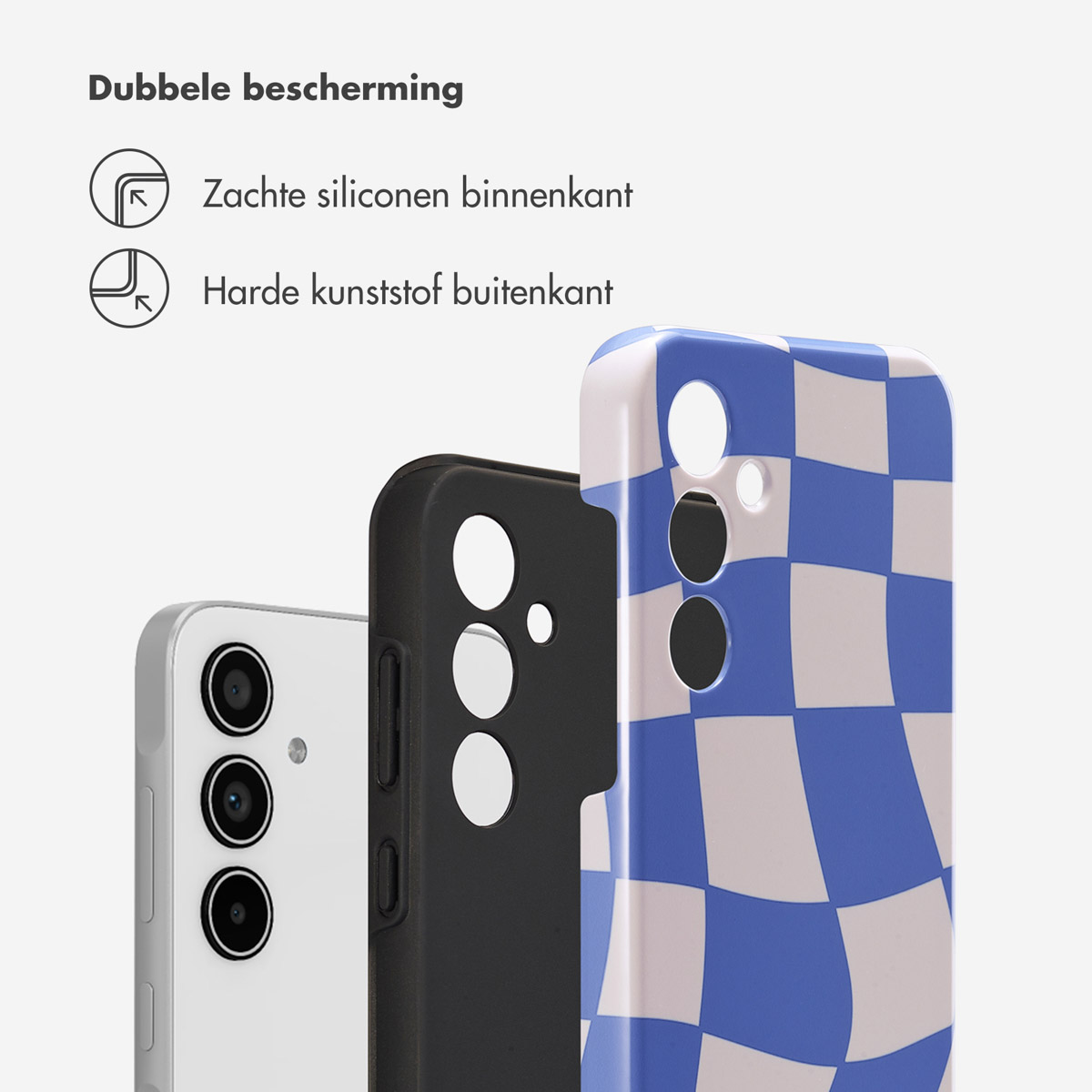 Trois coques de téléphone : blanche à carreaux bleus, noire et argentée. Le texte décrit les caractéristiques.