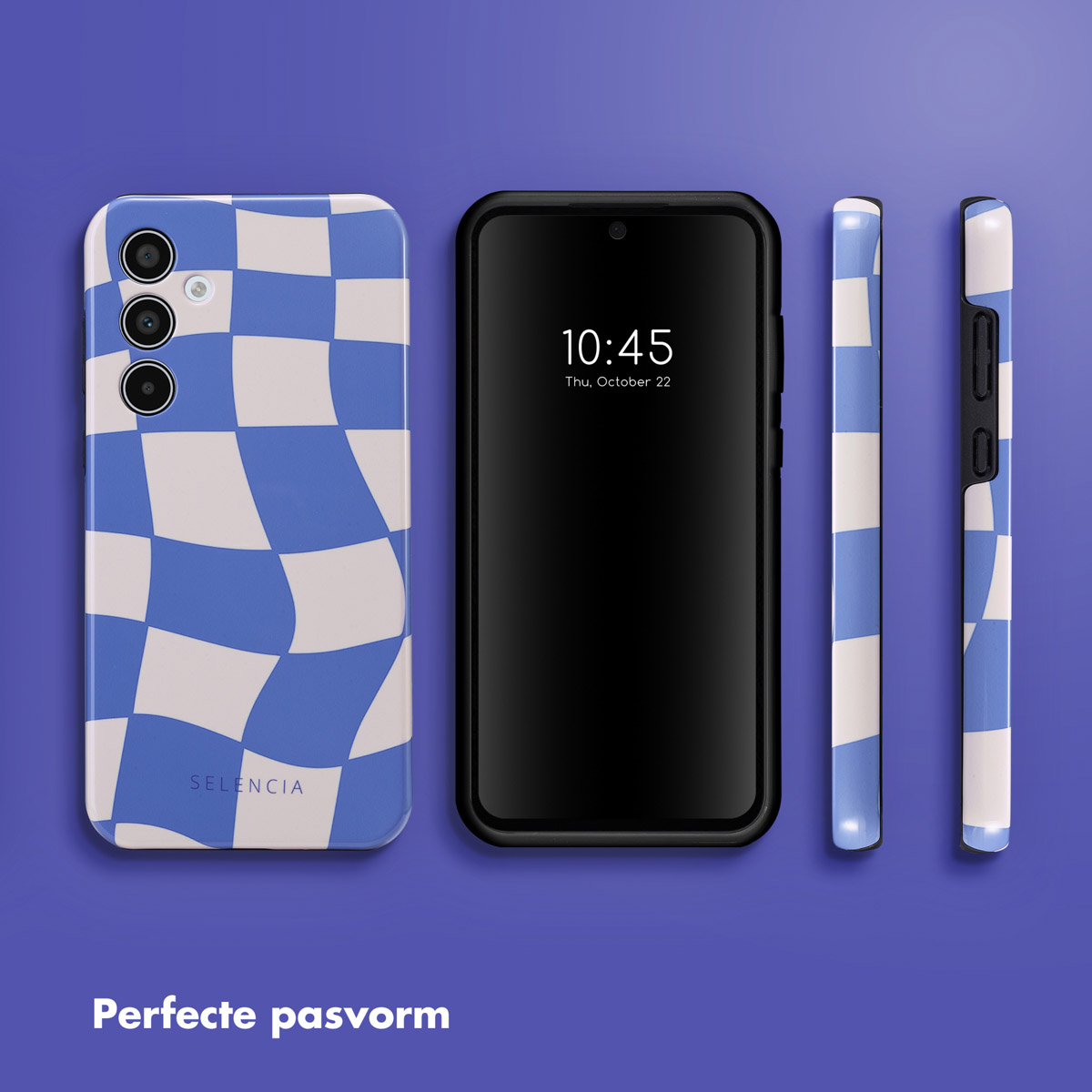 Téléphone avec étui à carreaux bleu et blanc, téléphone noir avec affichage de l'heure et vues latérales.