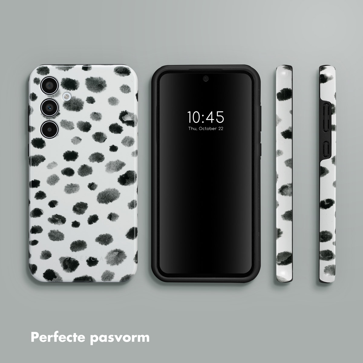 Telefono e custodie con macchie dalmata bianche e nere. Il telefono mostra le 10:45, giovedì 22 ottobre.