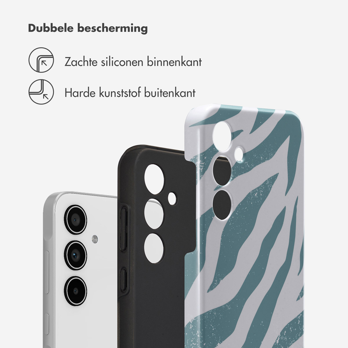 Téléphone, coque et coque intérieure. Motif zébré sur la coque. Le fond est blanc.