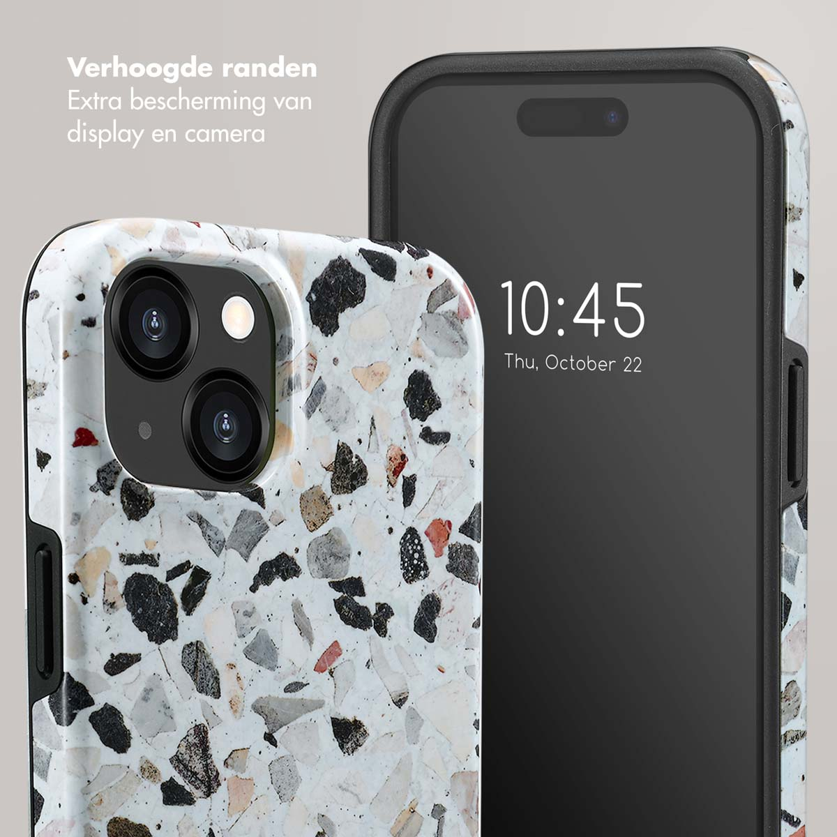Coque de téléphone avec un motif de pierre blanche et noire. Le téléphone noir affiche 10h45, 22 octobre.