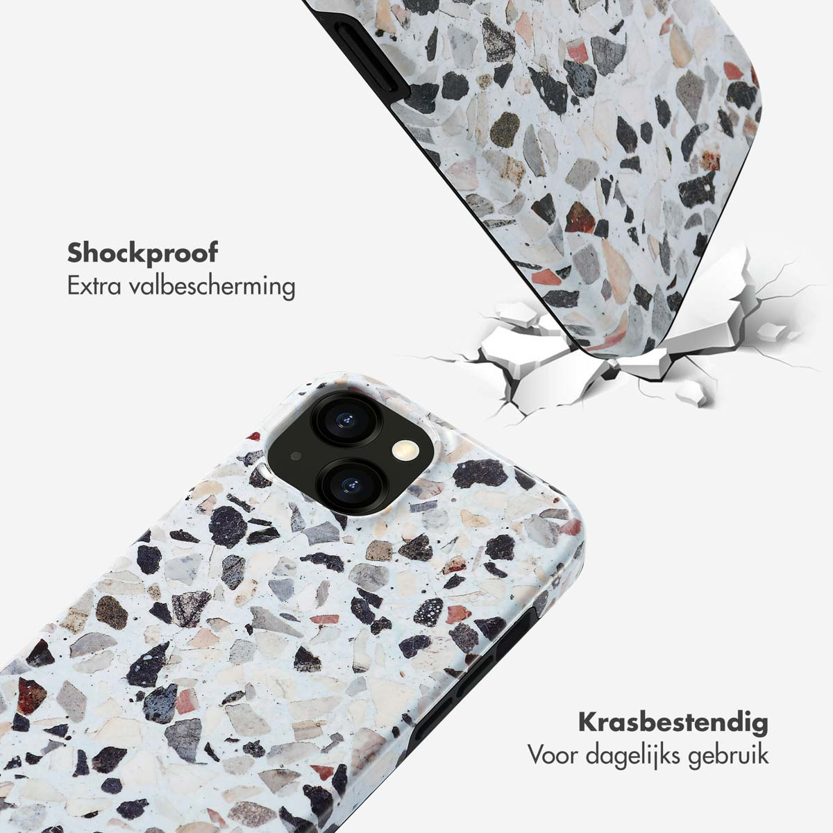 Coque de téléphone avec motif terrazzo sur fond blanc, fissurée. La coque se brise.