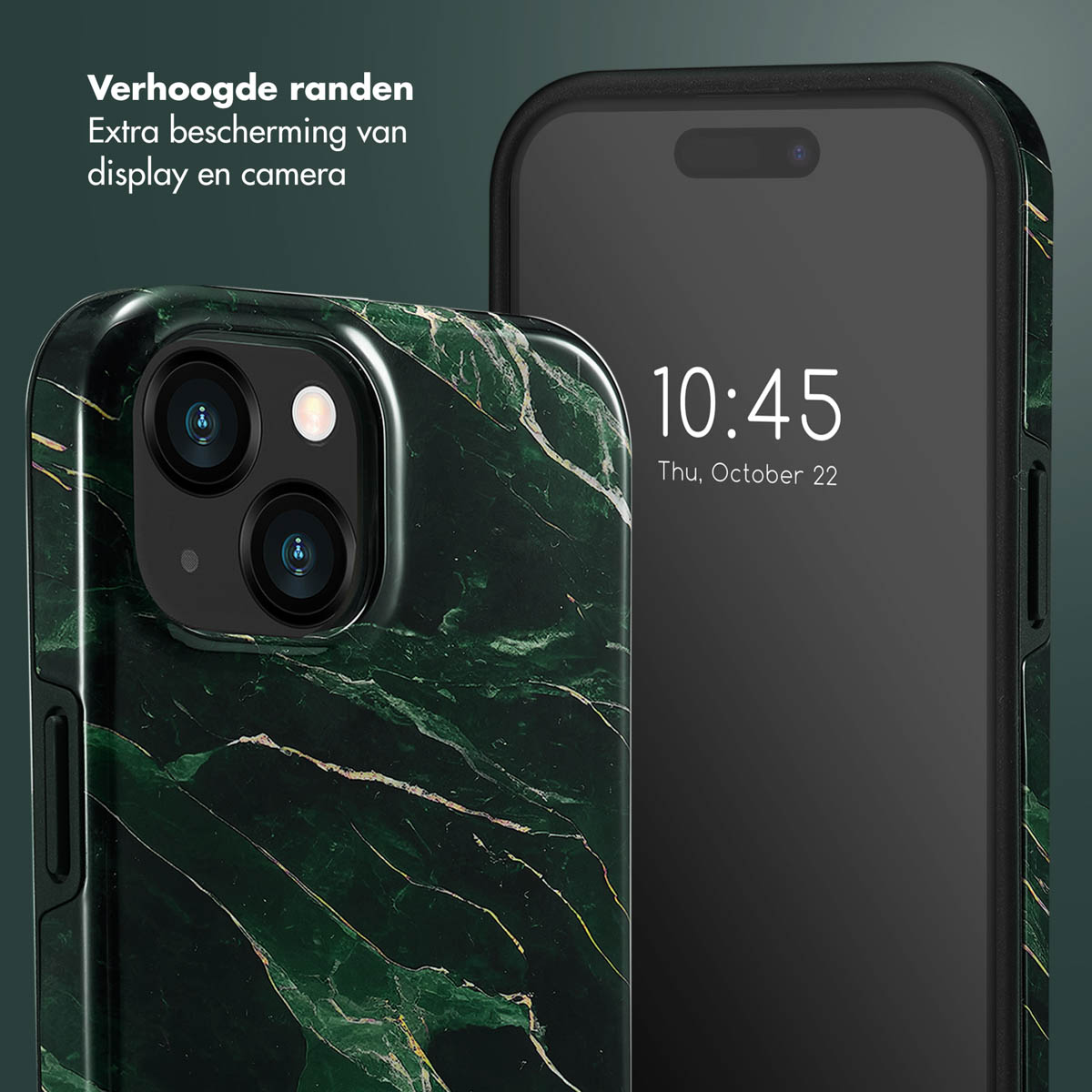 Téléphone dans un étui style marbre. Un téléphone noir est à côté. Le texte dit : protection supplémentaire pour l'écran et la caméra.