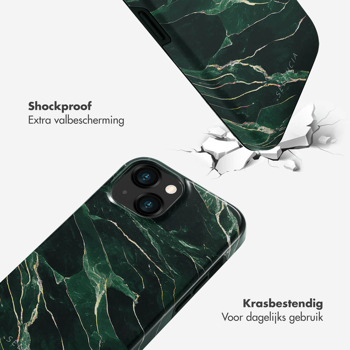 Deux coques de téléphone, une tombant et une brisant une surface, design marbre vert.