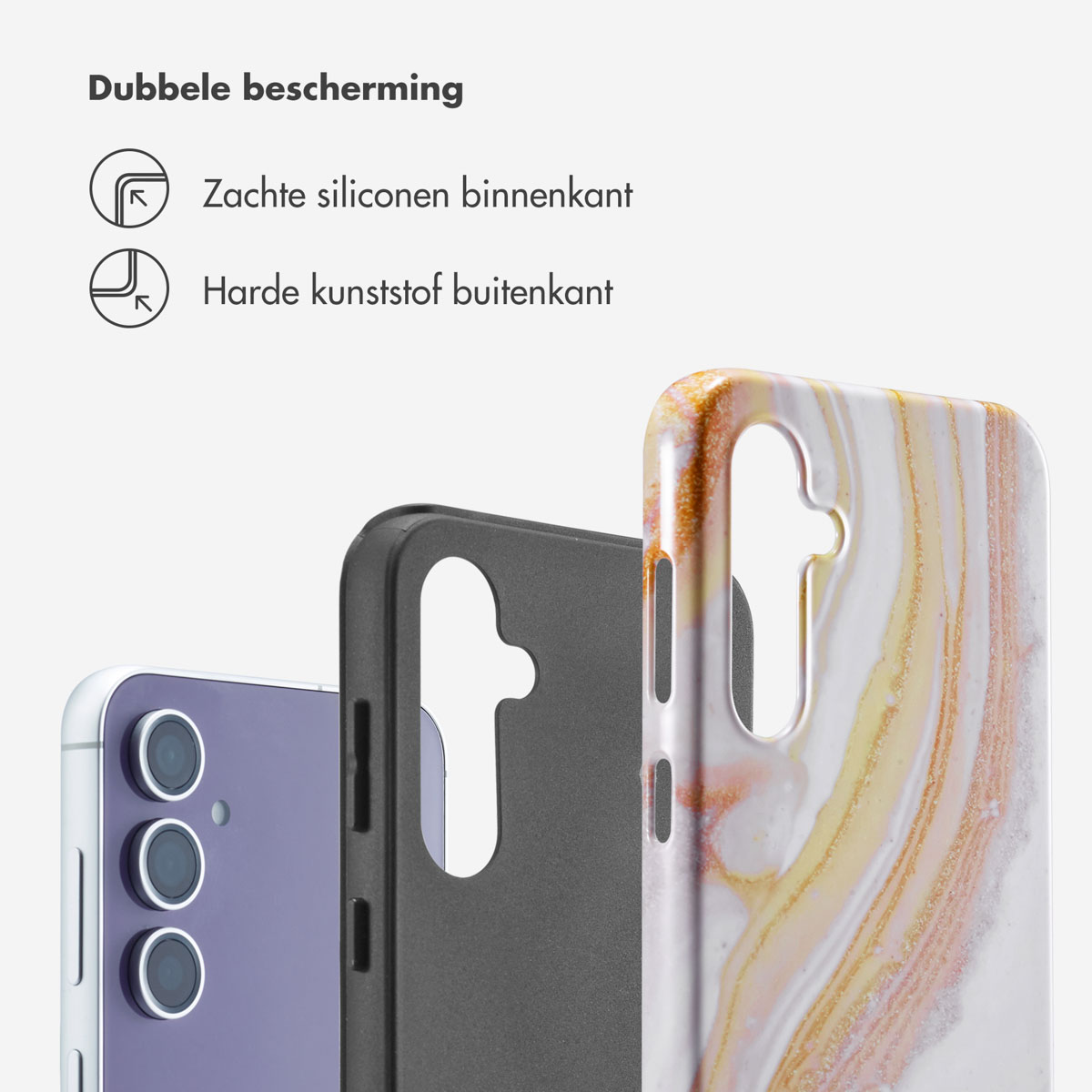 Telefoonhoesjes: een paarse telefoon, een zwarte hoes en een marmerachtige goud-witte telefoonhoes.