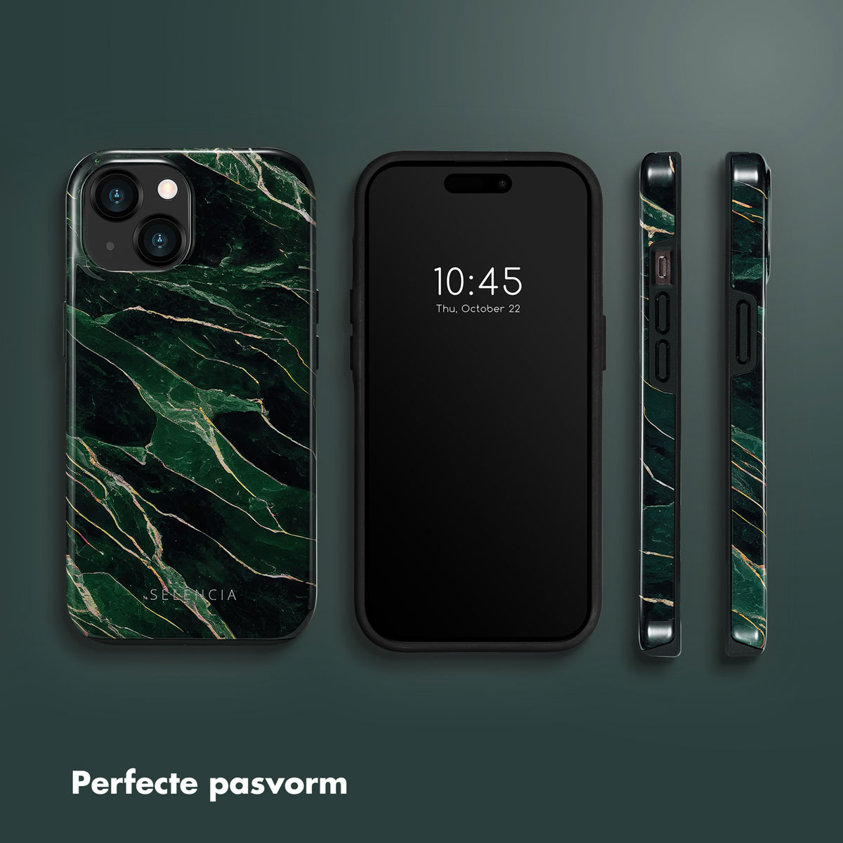 Coque de téléphone avec design marbre noir, doré et vert. Le téléphone affiche l'heure et la date. Côtés visibles.