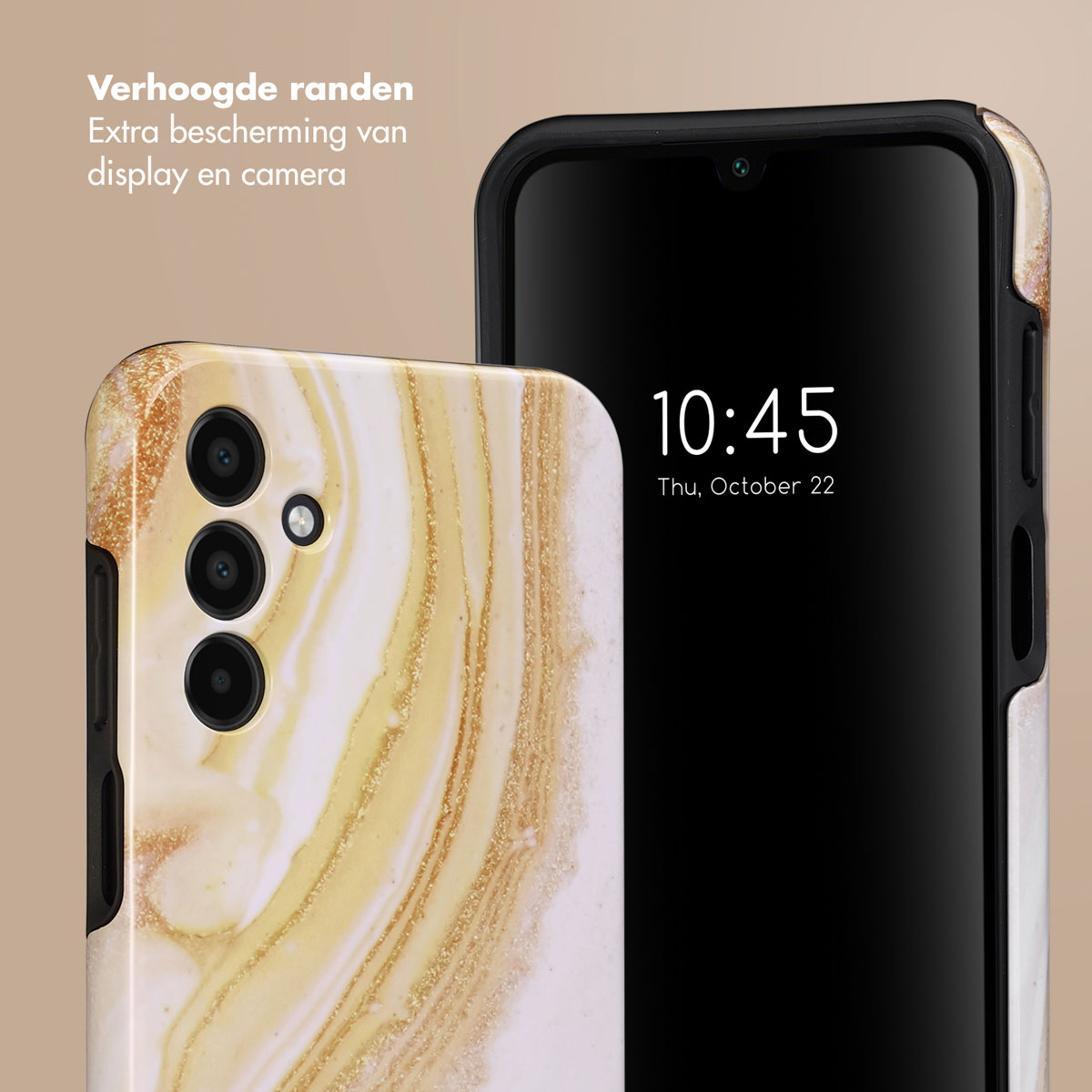 Telefoonhoesje met goud marmerontwerp, telefoon met tijd: 10:45, 22 oktober.
