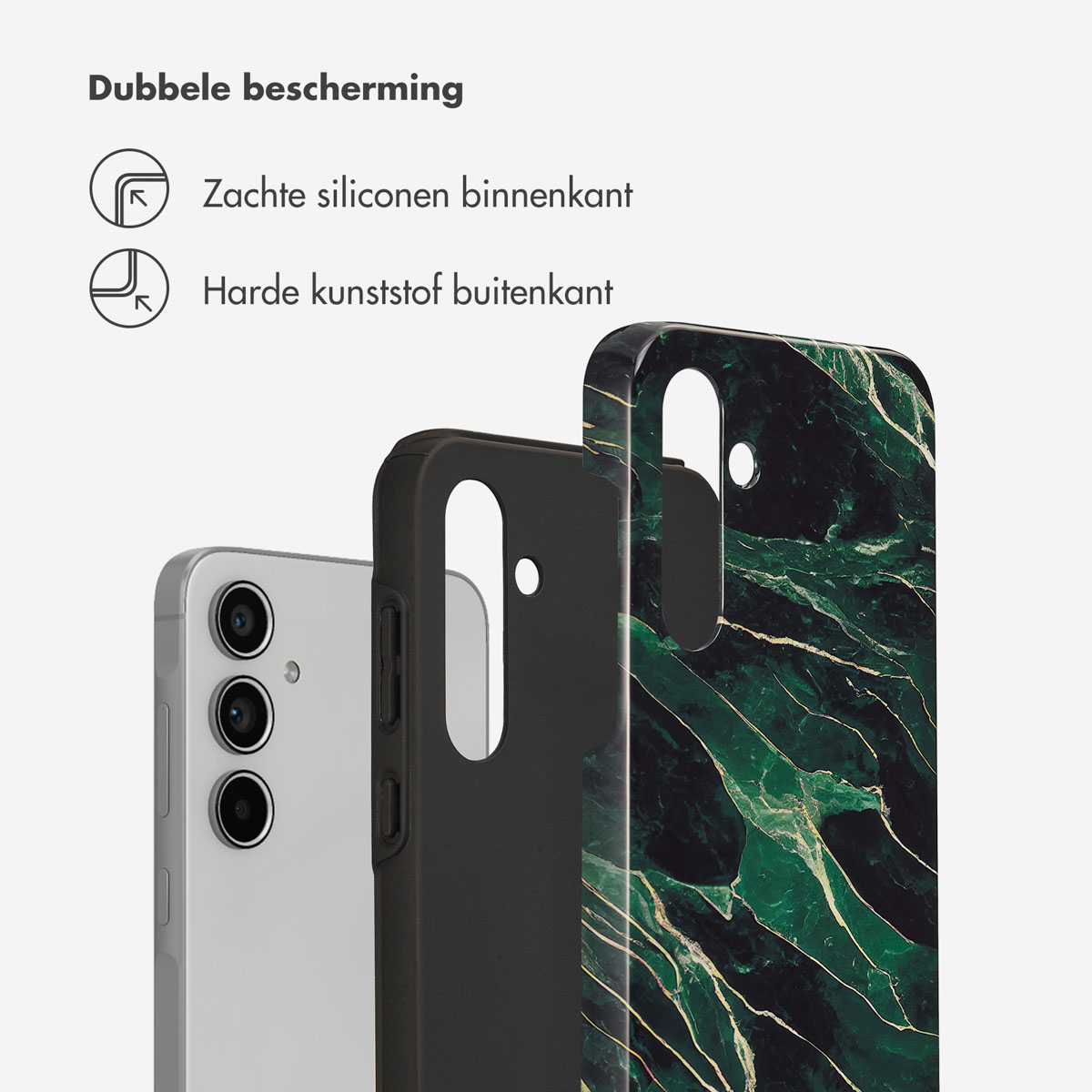 Telefoon, telefoonhoesje en binnenhoesje. Groen marmer. Zwarte telefoon. Achtergrond is wit.
