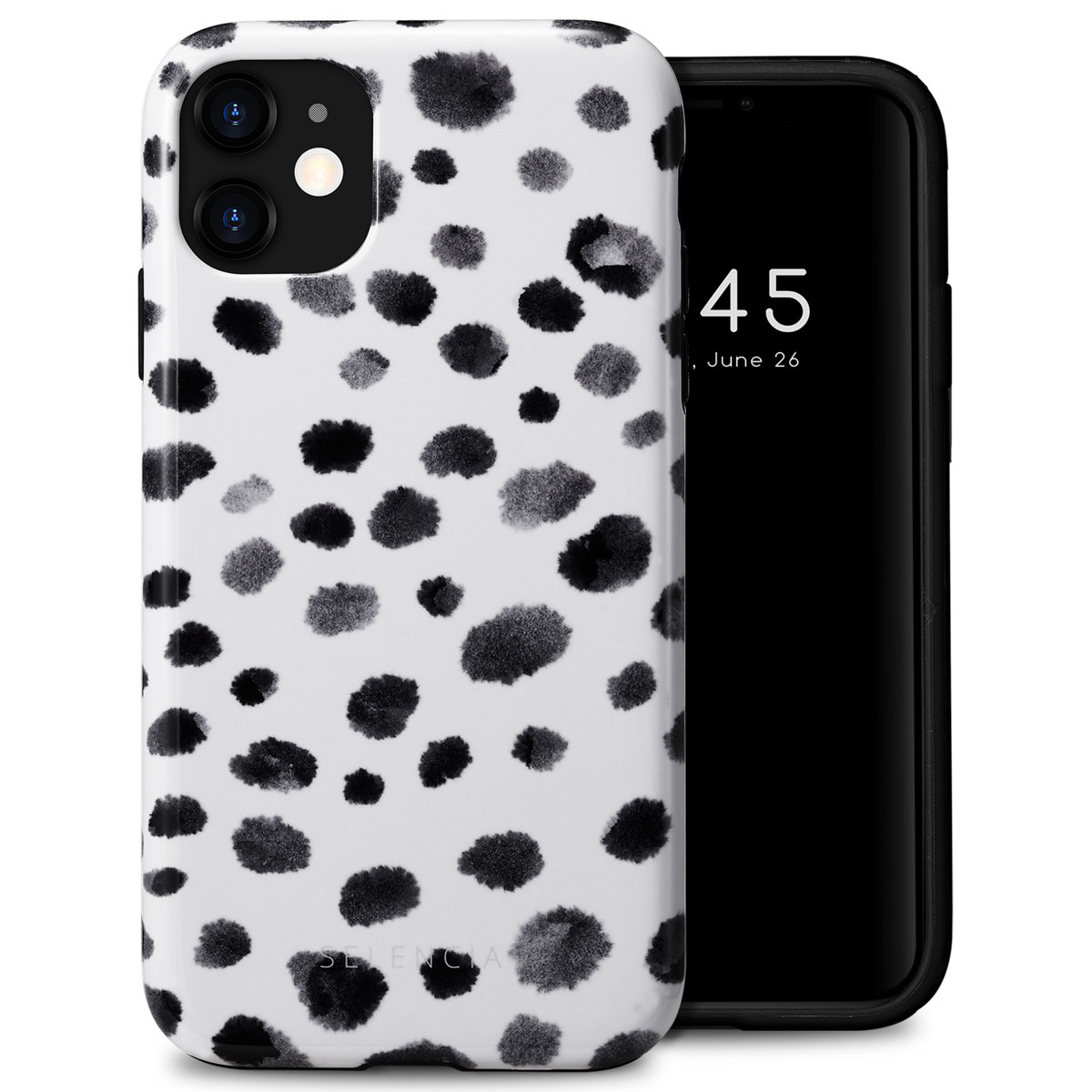 Coque blanche à pois noirs, téléphone à droite avec écran noir, heure 10h45, 26 juin.