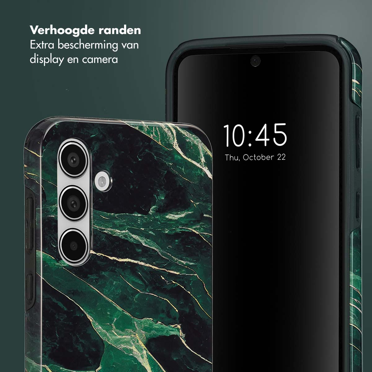 Telefoon en telefoonhoesje. De hoes is groen en wit gestreept. De telefoon is zwart.