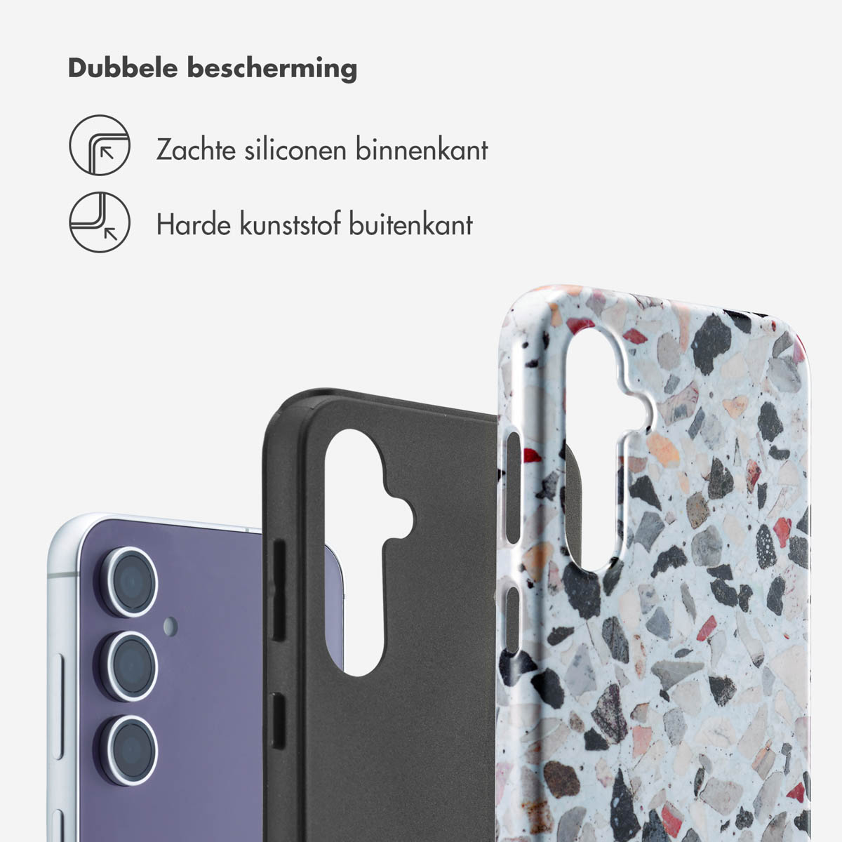 Telefoon en hoesjes met een wit terrazzo design, naast een telefoon.