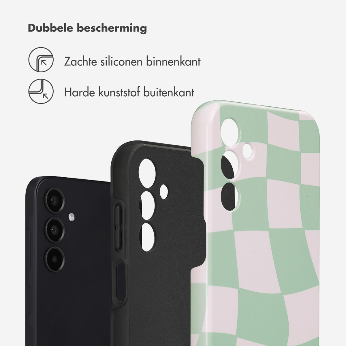 Telefoonhoesjes: zwart, groen-wit geblokt en zwarte telefoon. Teksten: dubbele bescherming, zachte siliconen, hard plastic.