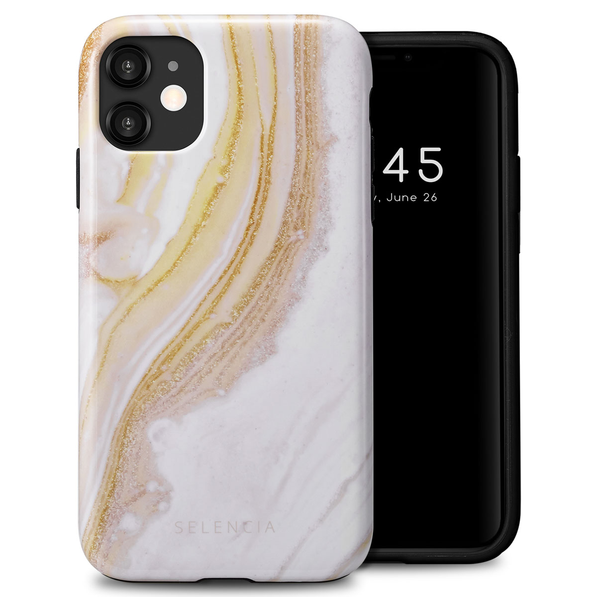 Téléphone avec étui en marbre. Couleurs blanc, or et noir. L'écran affiche l'heure et la date.
