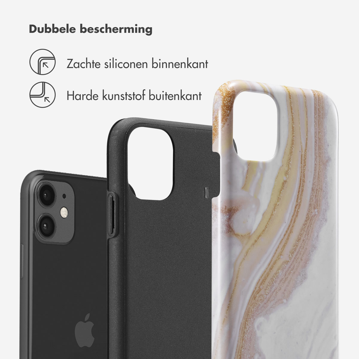 Deux téléphones avec des étuis, un noir, un blanc et or marbré, sur fond blanc.