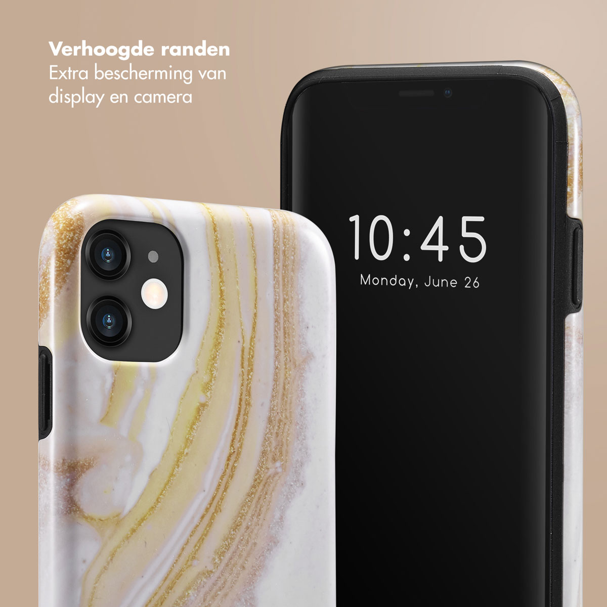 Téléphone avec coque design marbre. L'heure est 10h45, 26 juin. Bords surélevés.