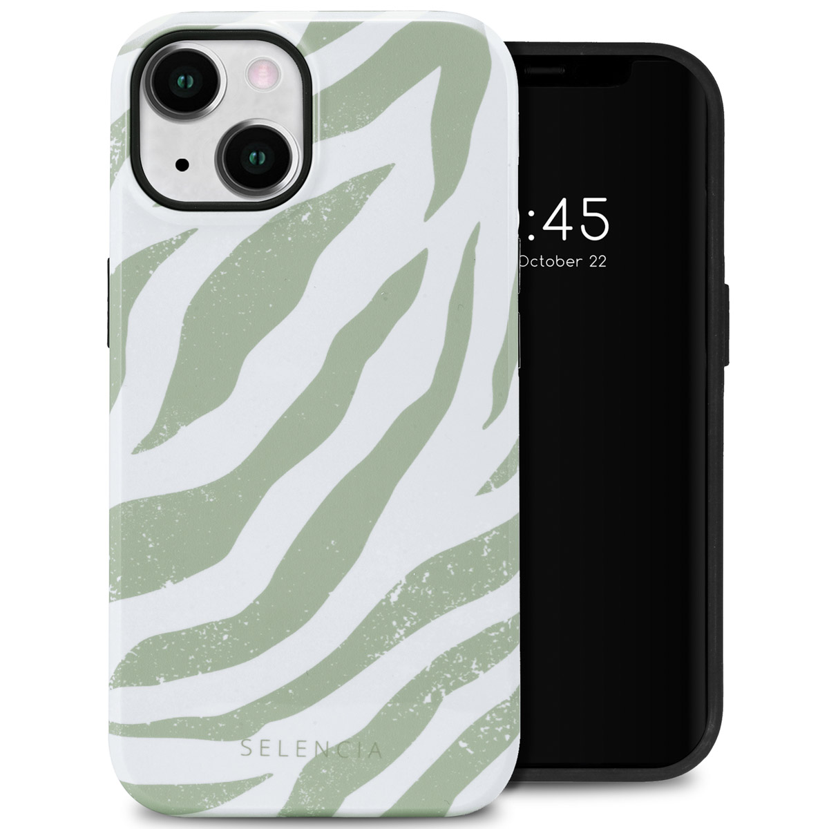 Telefoon met een witte hoes met groene zebra strepen naast een zwarte telefoon.