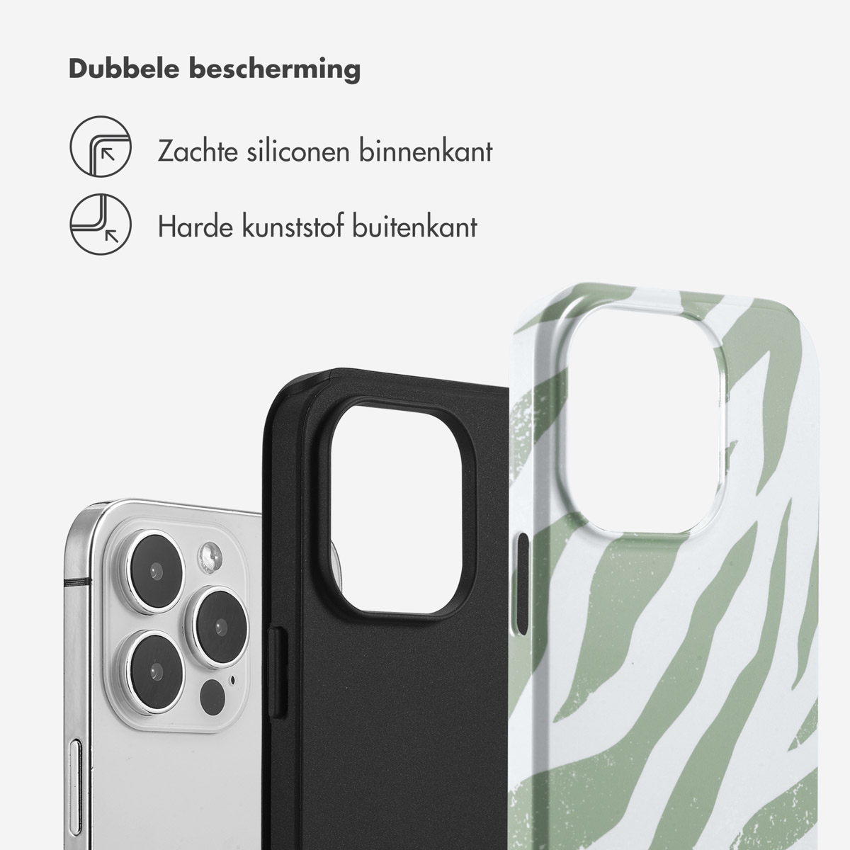Close-up van drie telefoonhoesjes. Eén met zebraprint, één zwart en één met een telefoon. Tekst: Dubbele bescherming.