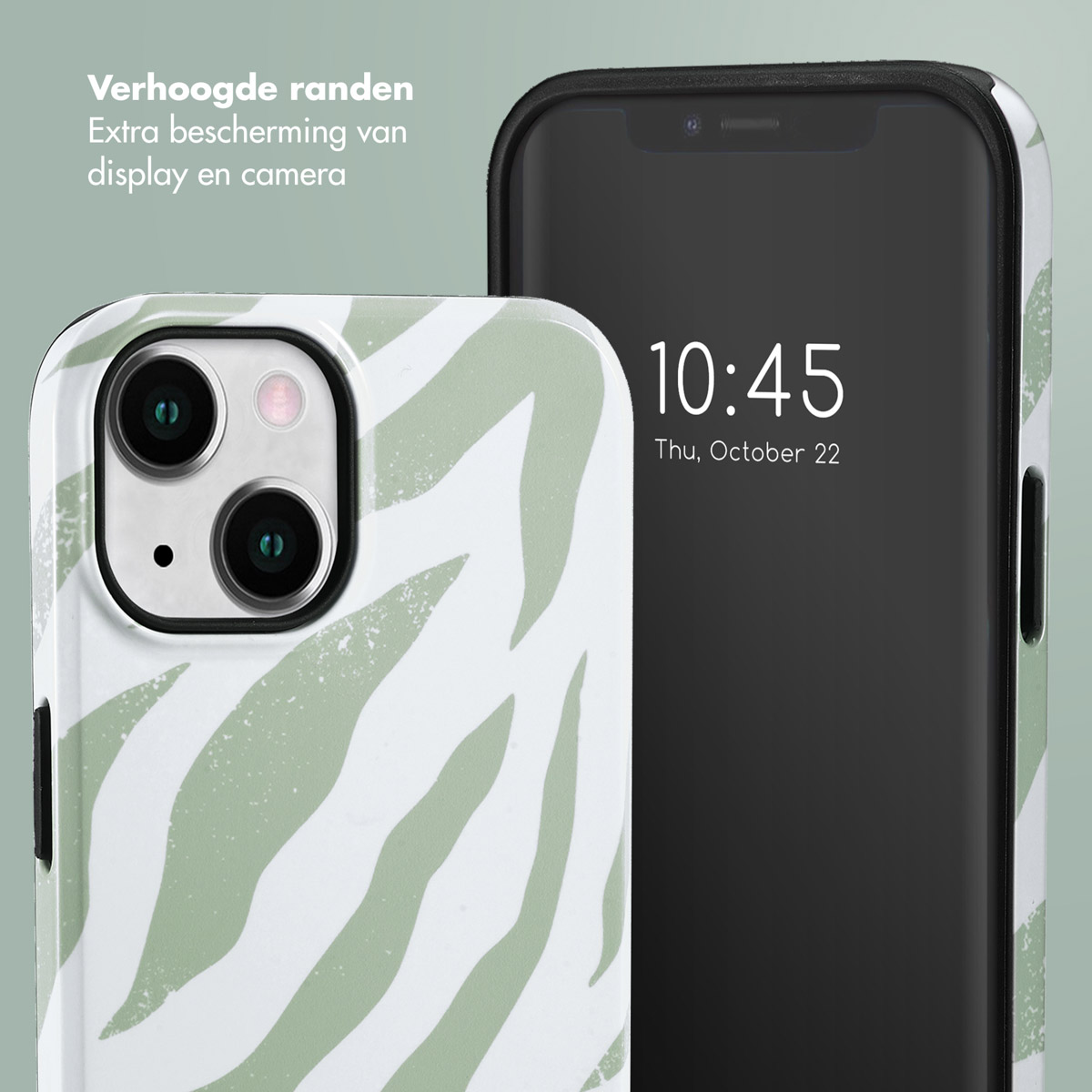 Telefoonhoes met groen-witte zebra strepen, en een telefoon die de tijd weergeeft.