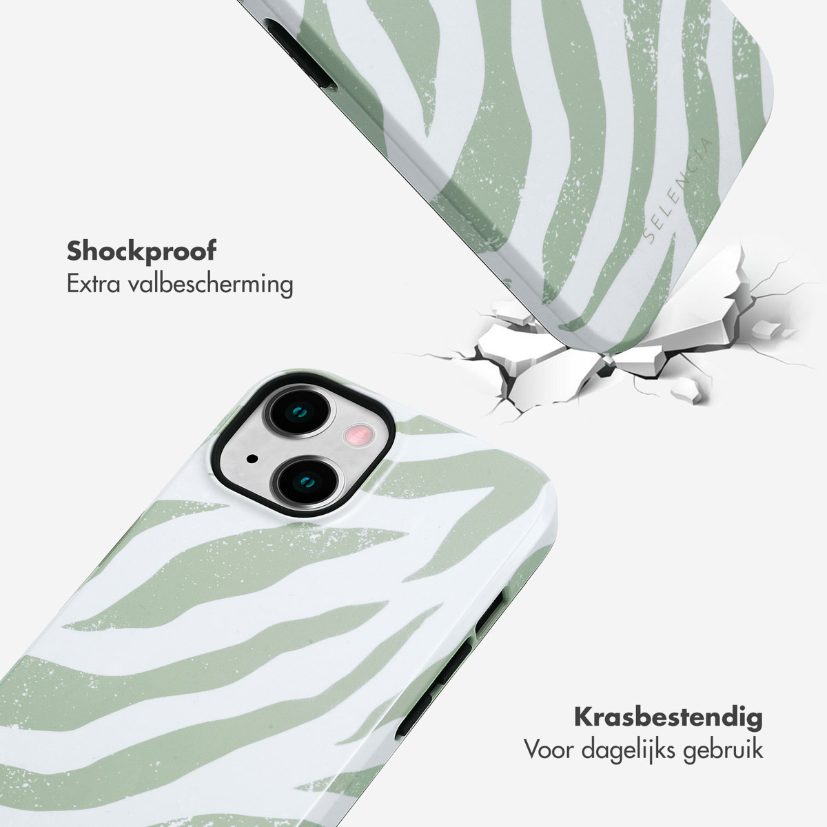 Telefoonhoesje met groen zebrapatroon. Hoesje valt, toont bescherming met de tekst.