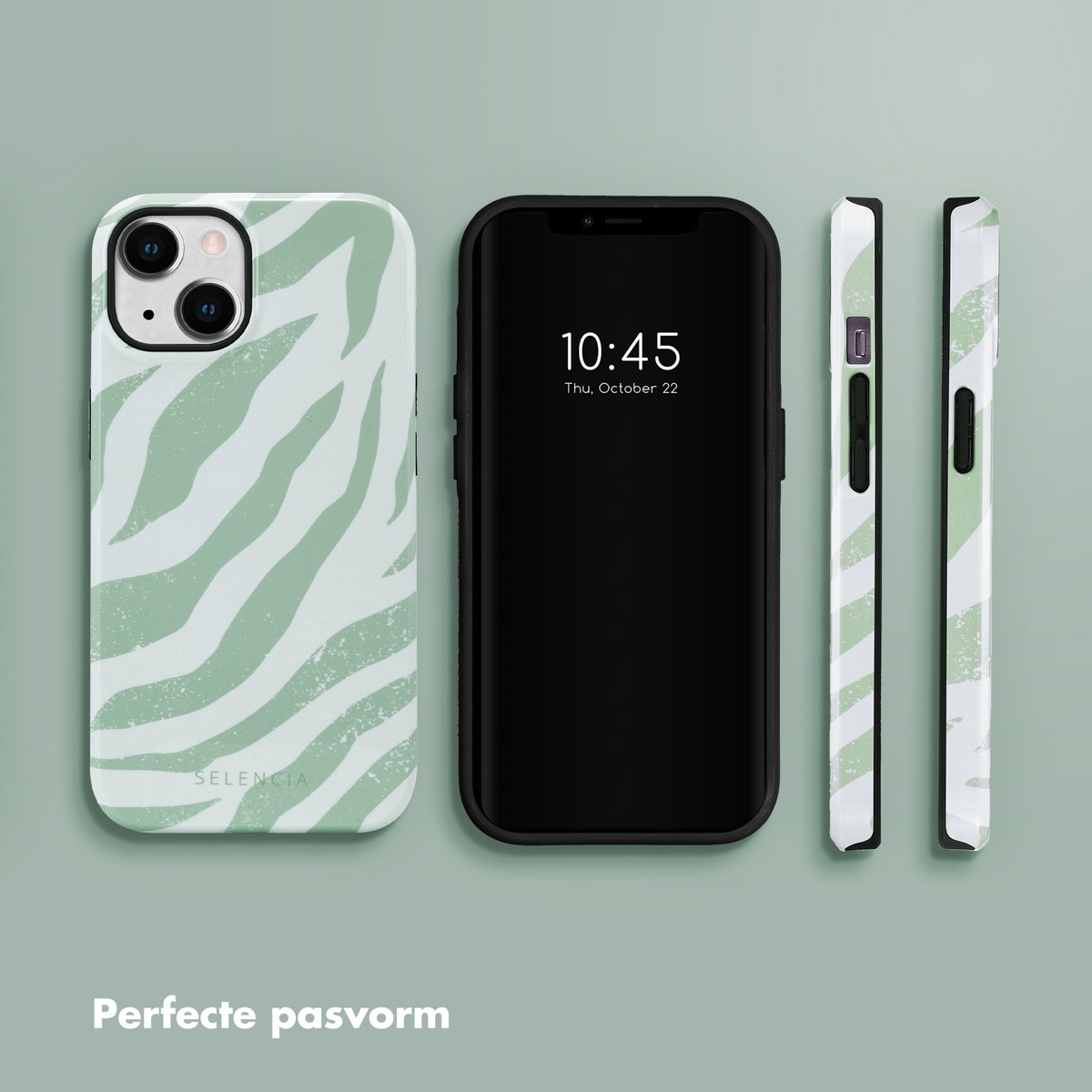 Telefoon met groene zebra-hoes. Scherm toont tijd en datum. Hoes in meerdere weergaven.