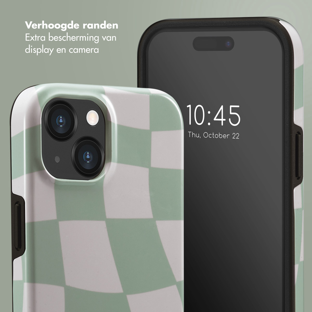 Téléphone avec une coque à carreaux verts et blancs à côté d'un téléphone noir affichant 10h45, 22 octobre.