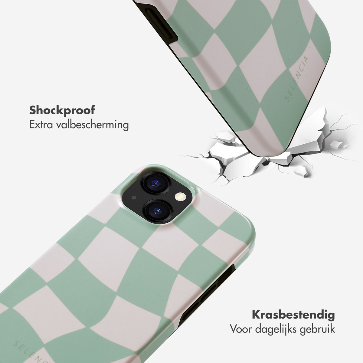 Deux coques de téléphone : une qui tombe, une au sol. Les deux à carreaux verts. Texte : Antichoc, résistant aux rayures.