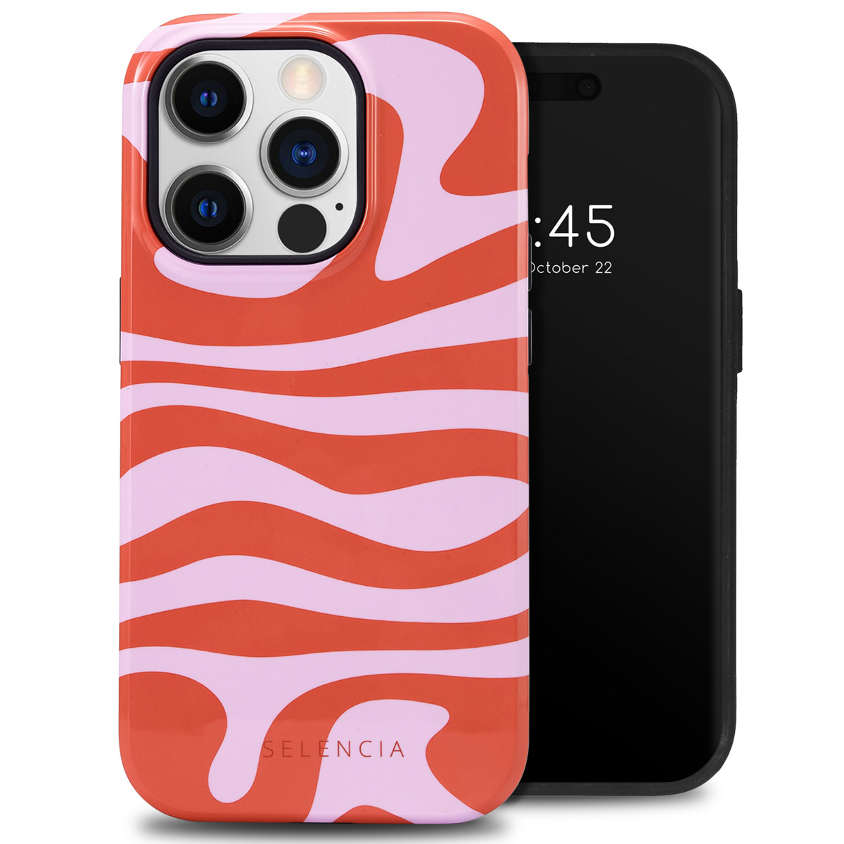 Telefoon met een oranje, roze en wit golvend patroon hoesje naast een zwarte telefoon met 10:45, 22 okt.