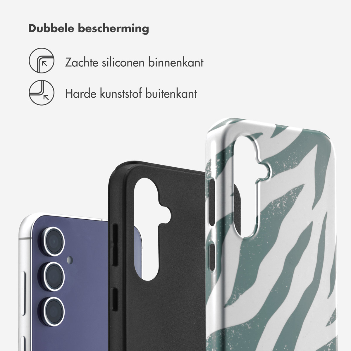 Drie telefoons met hoesjes. Eén heeft een groen-witte zebraprint. Eén is zwart en één is alleen een telefoonhoesje.