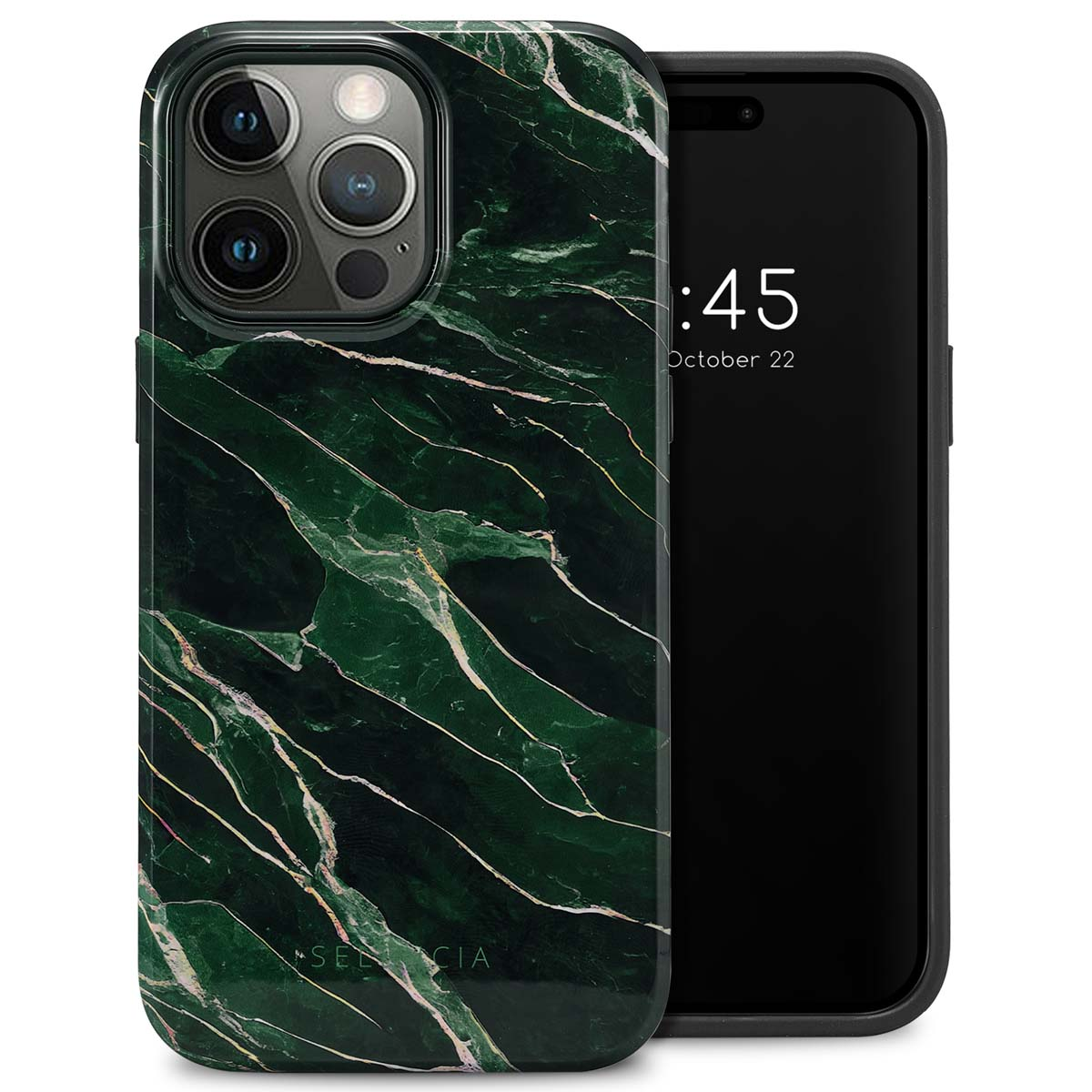 Groene marmeren telefoonhoes met zwarte telefoon. Verhoogde randen voor scherm- en camerabescherming.
