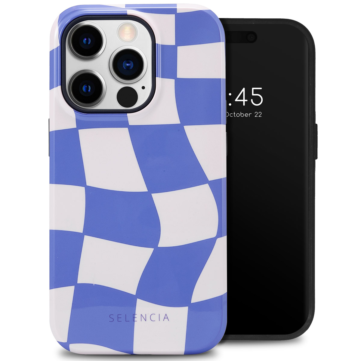 Telefoon met blauw en wit geblokt hoesje. Tijd is 10:45, 22 oktober. Hoesje zegt Selencia.
