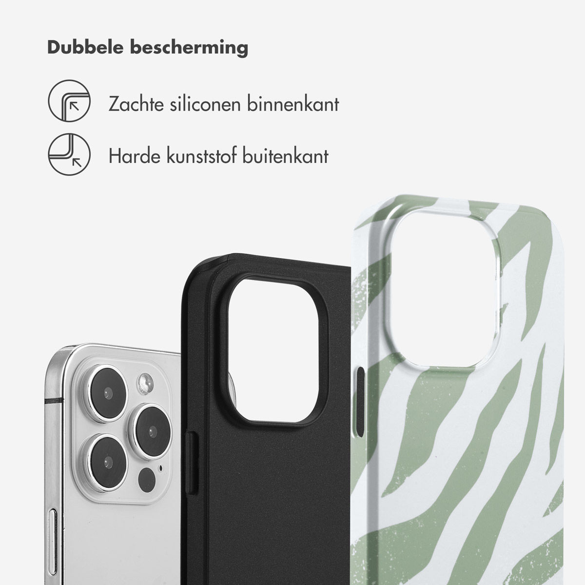 Telefono e custodia per telefono. La custodia è zebrata verde e bianca. Il telefono è nero.