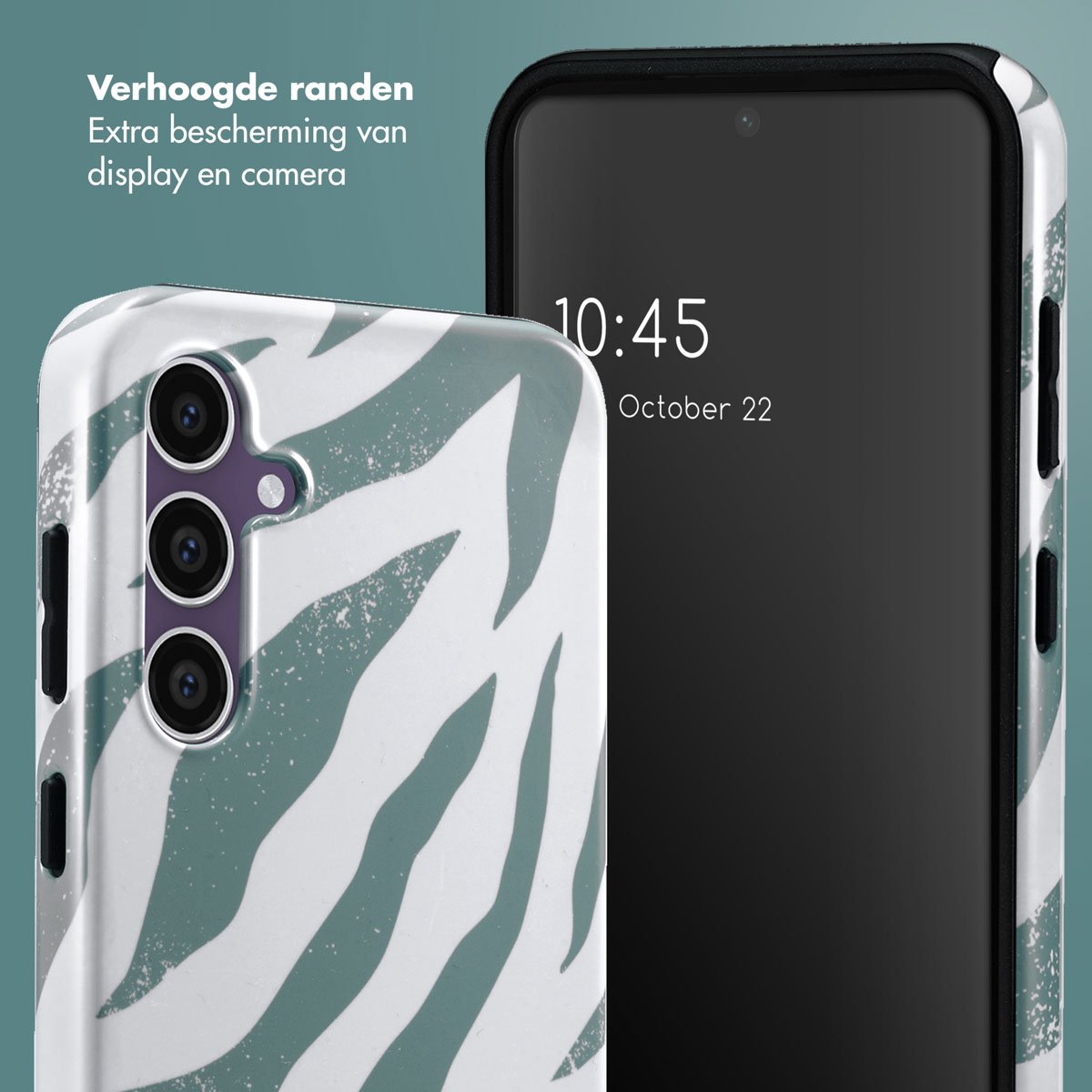 Telefoon en telefoonhoesje met een zebra-ontwerp. Eén telefoon toont de tijd. Achtergrond is lichtgrijs.