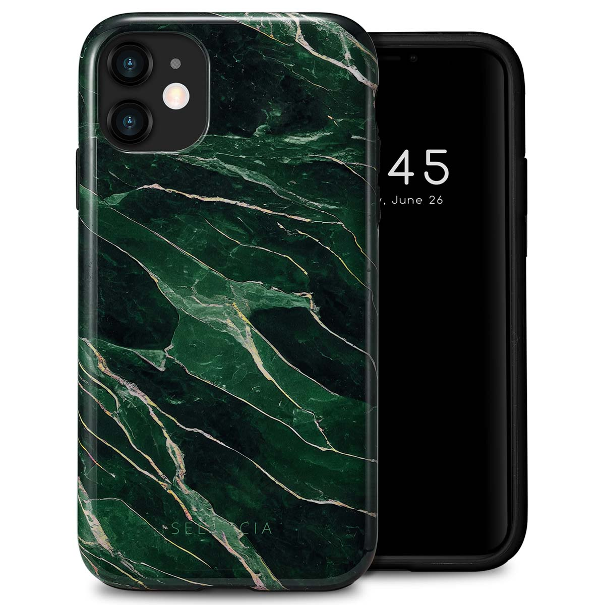 Coque de téléphone en marbre vert avec un téléphone affichant l'heure. L'étui a un motif marbré.