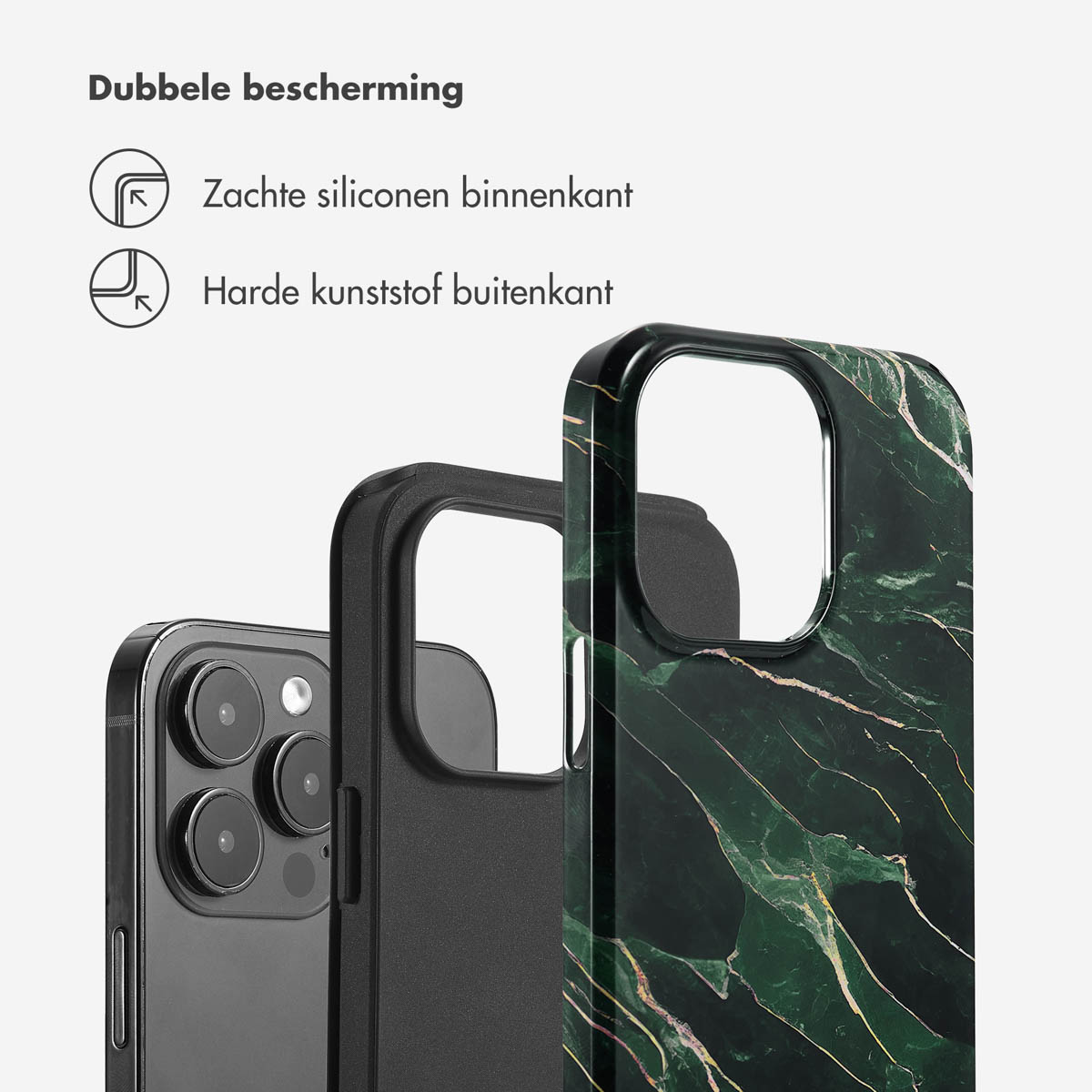Drie telefoonhoesjes: zwart, zwart en groene marmer. Tekst beschrijft de kenmerken.