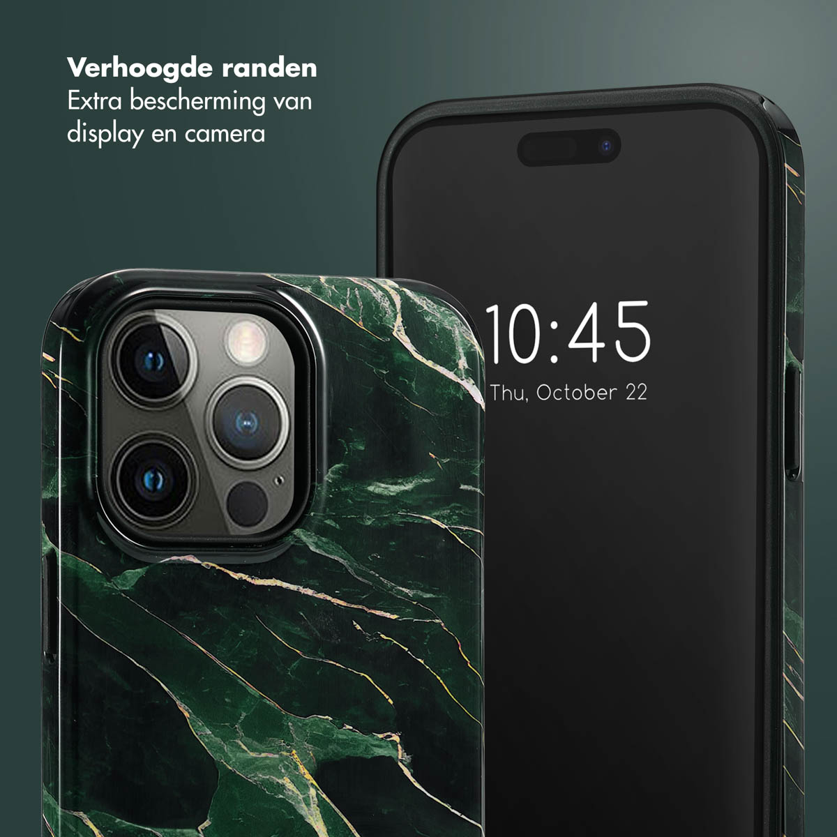 Telefoon in een hoesje in marmerstijl. Een zwarte telefoon staat ernaast. De tekst zegt: extra bescherming voor display en camera.