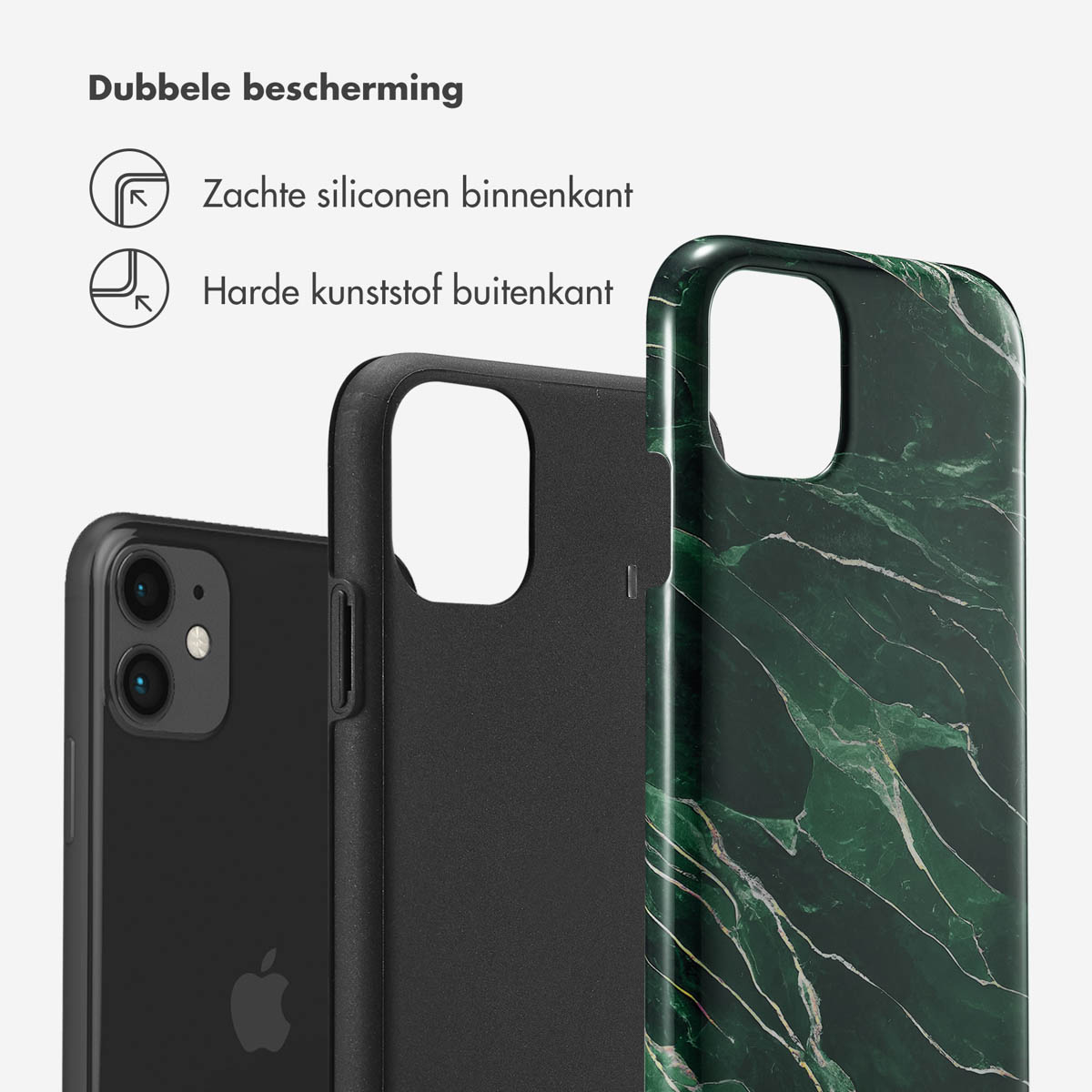 Trois étuis de téléphone : un téléphone noir, un étui noir et un étui à motif de marbre vert.