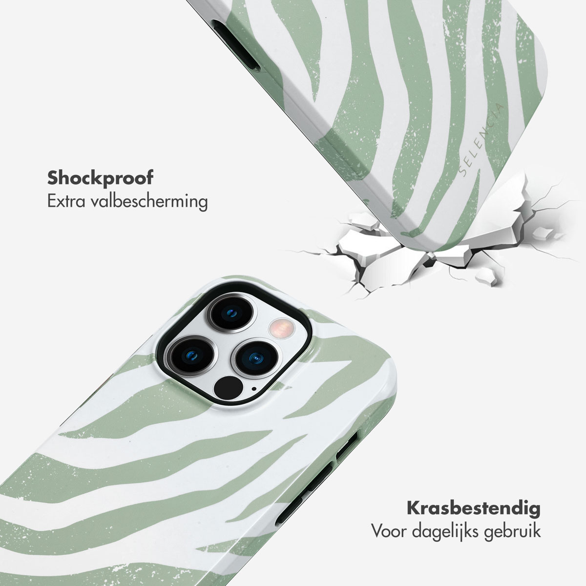 Due custodie per telefono con motivo zebrato verde. Una sta cadendo, l'altra è a terra.
