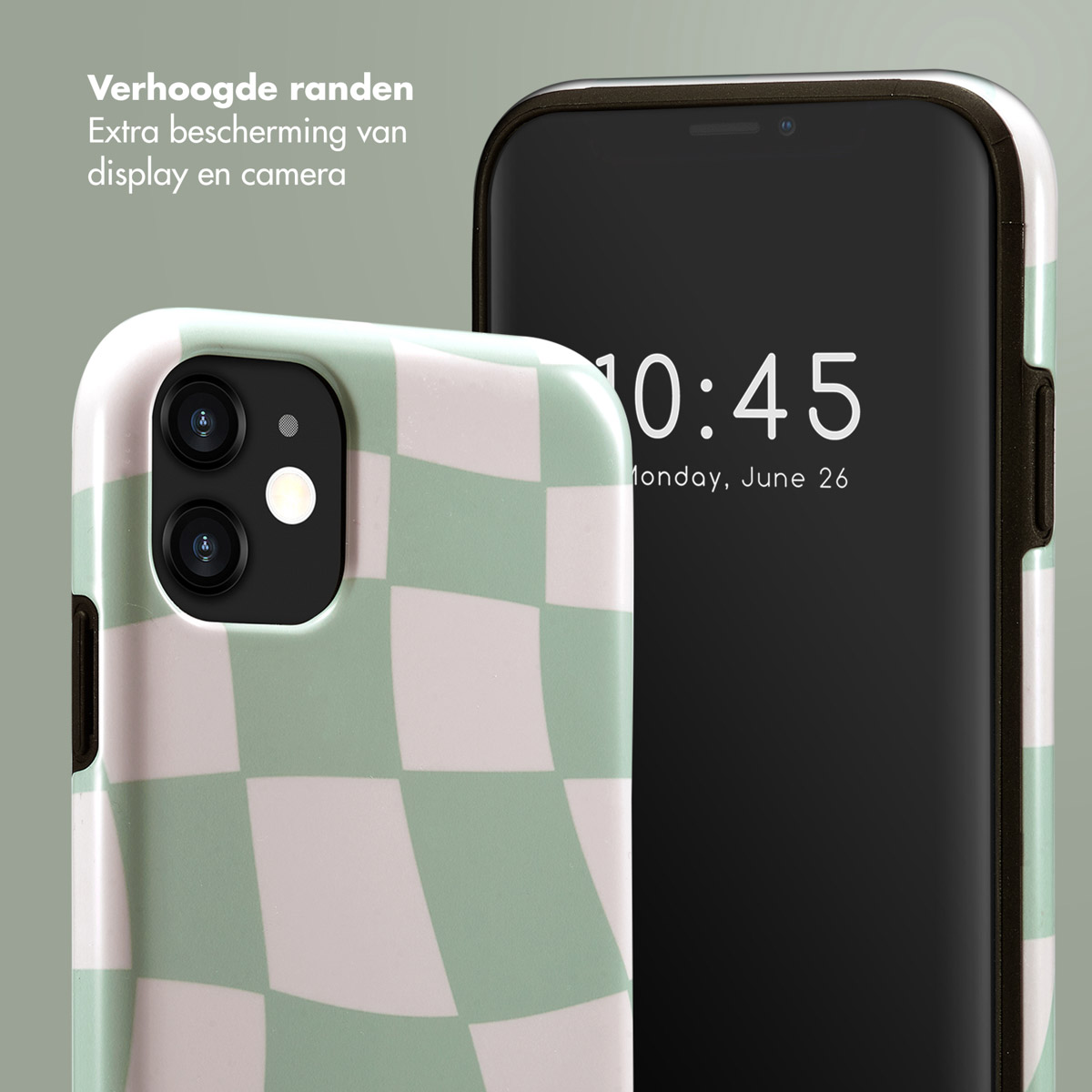 Téléphone avec une coque à carreaux verts et blancs à côté d'un téléphone noir affichant 10h45, 26 juin.