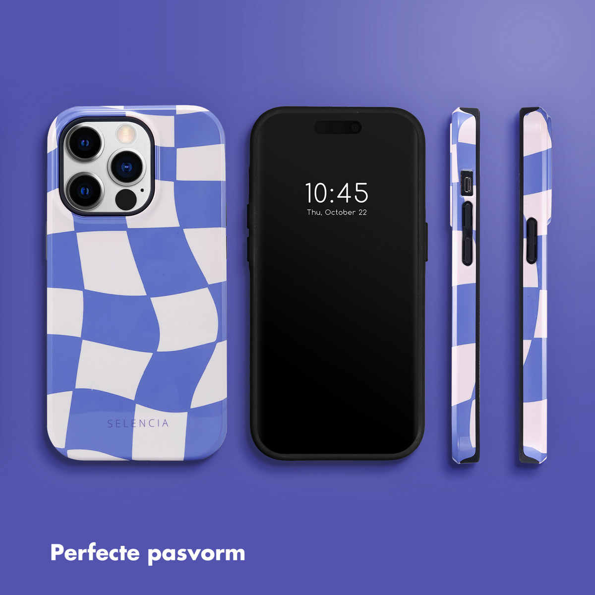 Blauw-witte geruite telefoonhoes, zwarte telefoon met tijd en zijaanzichten op paarse achtergrond.