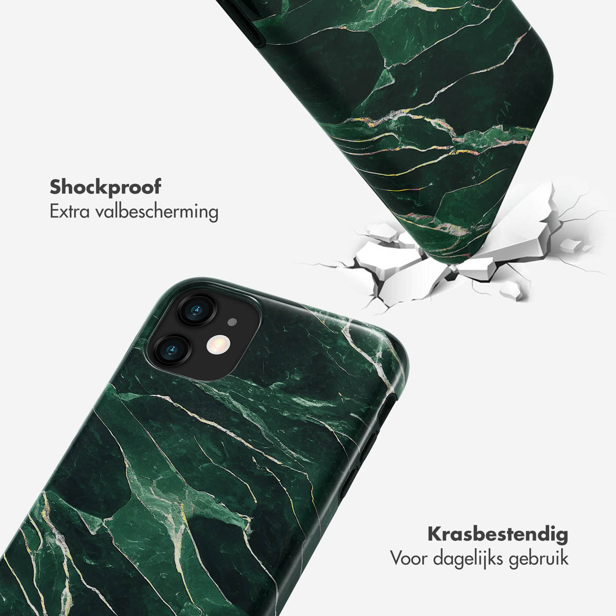 Deux coques de téléphone. L'une tombe, montrant un écran fissuré. Les deux ont un motif de marbre vert.