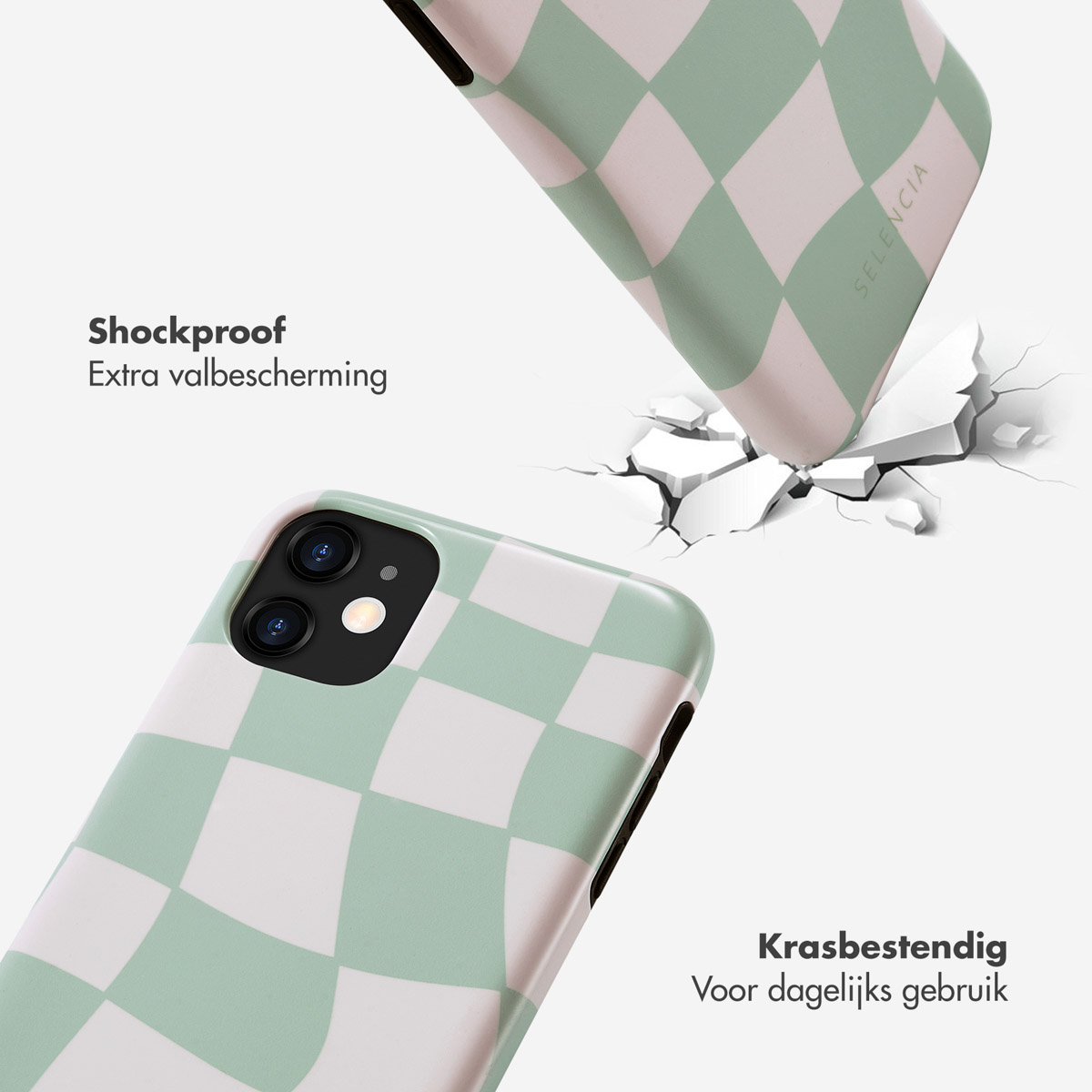 Coque à carreaux tombant au sol, un téléphone est visible. Antichoc et résistant aux rayures.