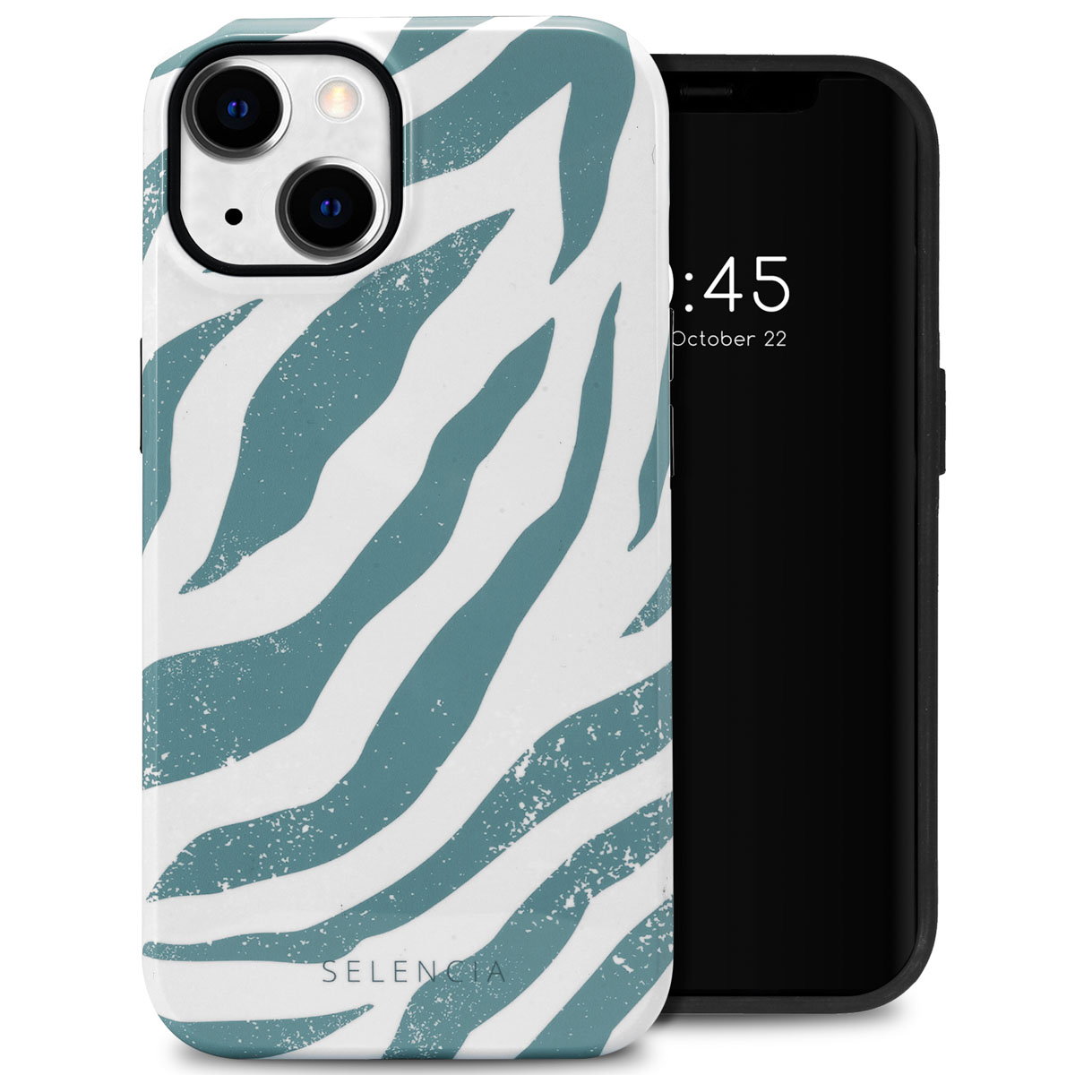 Telefoonhoesje met blauwe zebra strepen. Telefoon toont tijd en datum. Zijkanten van hoes ook zichtbaar.