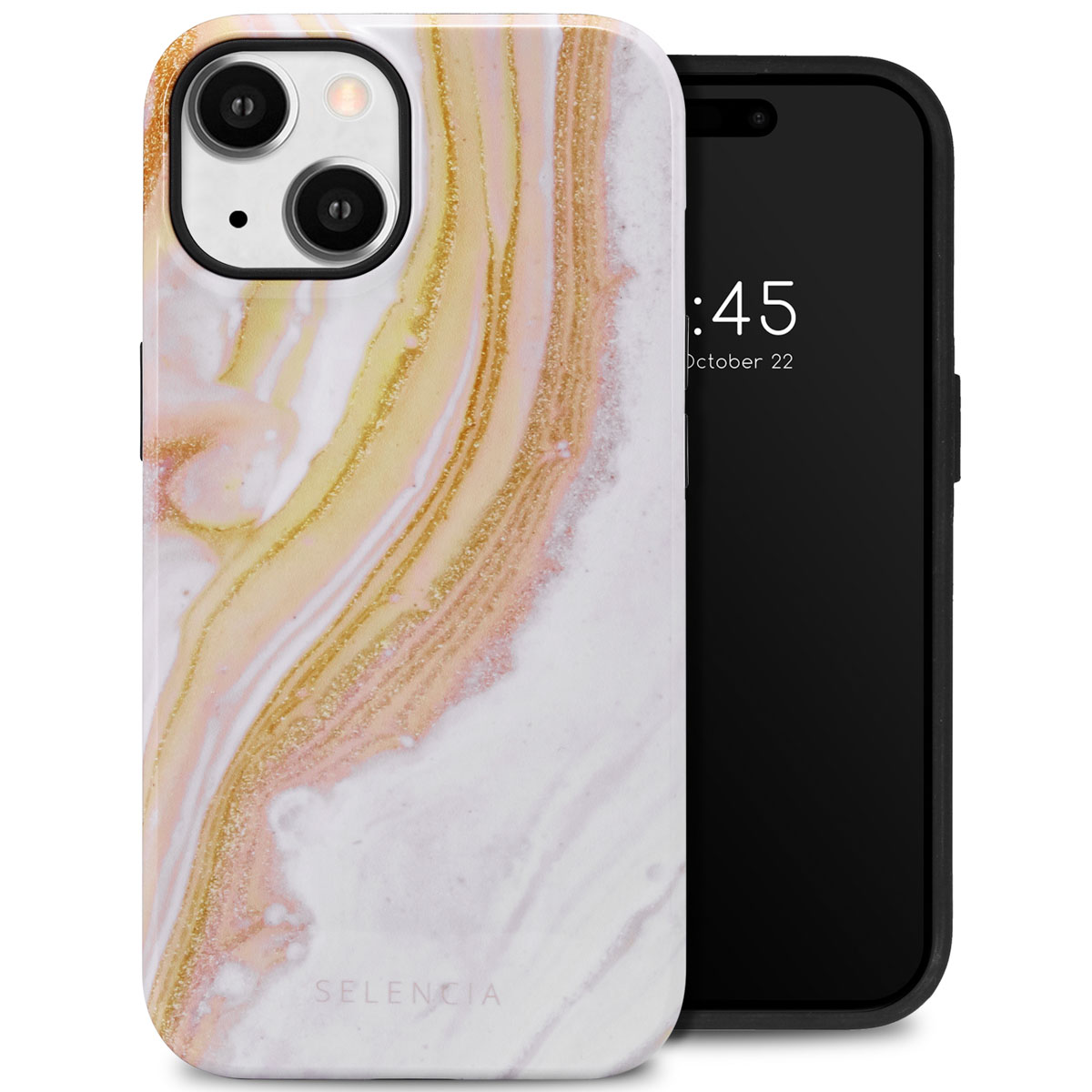 Coque de téléphone en marbre, téléphone noir affichant l'heure et étui noir sur fond blanc.