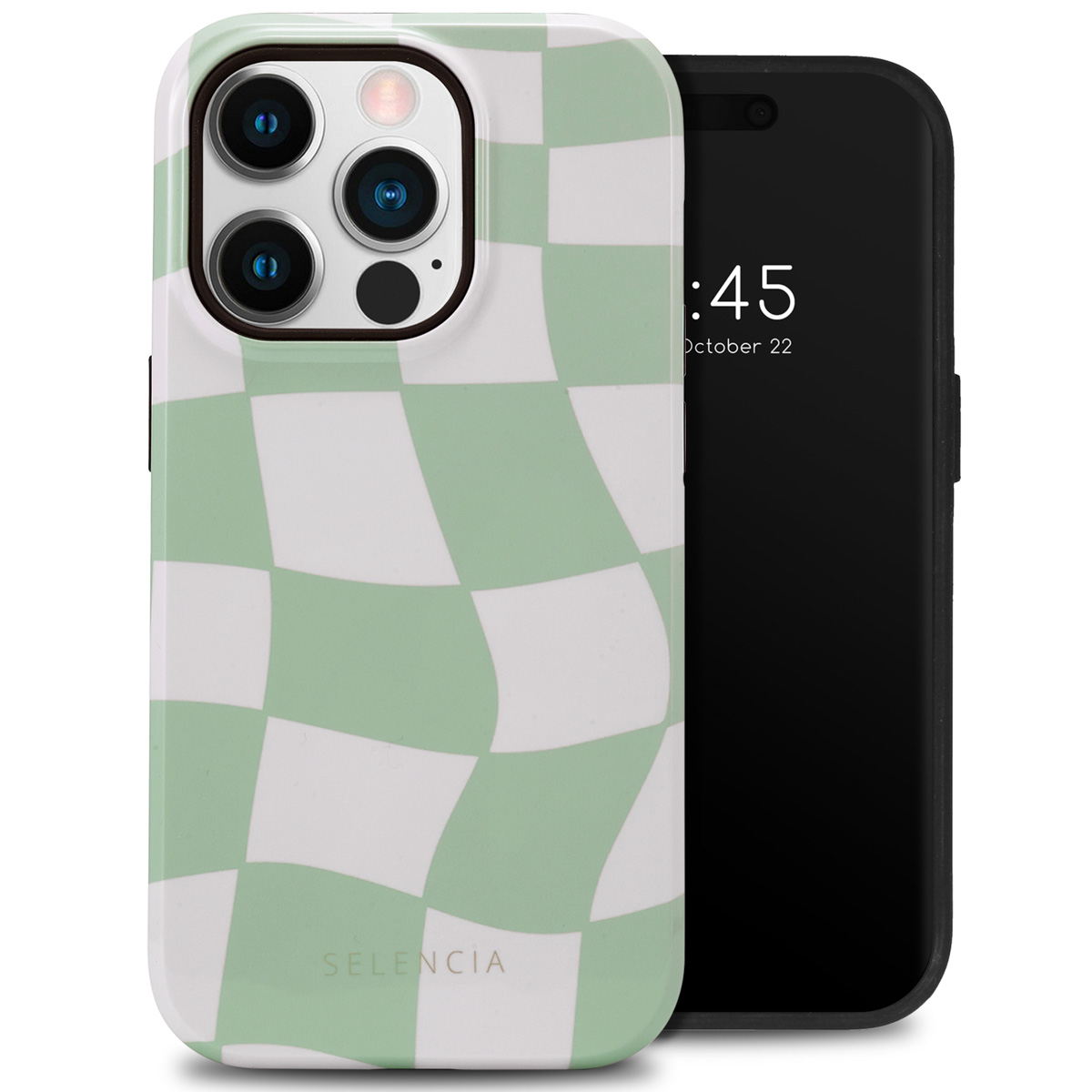 Téléphone avec une coque à carreaux verts et blancs à côté d'un téléphone noir.