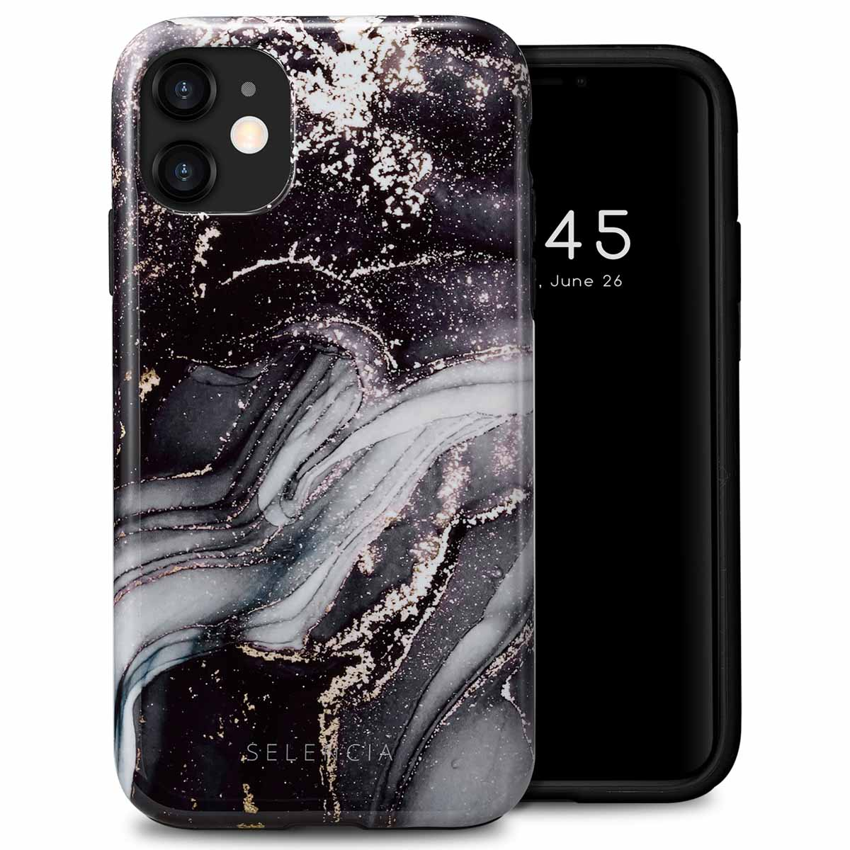 Zwart-witte gemarmerde telefoonhoes met telefoon die een zwart scherm toont, op een paarse achtergrond.
